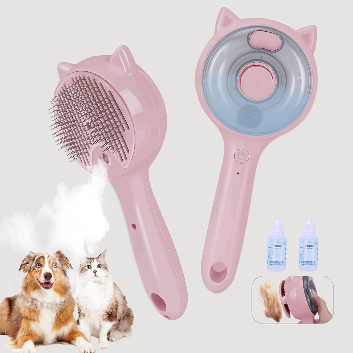 Pet Steam Brush for Cats & Dogs ，3-In-1 Pet Grooming Comb，Reduces Shedding, Soft Bristles, Promotes Healthy Coat-Comes - Includes Waterless Shampoo，Pink