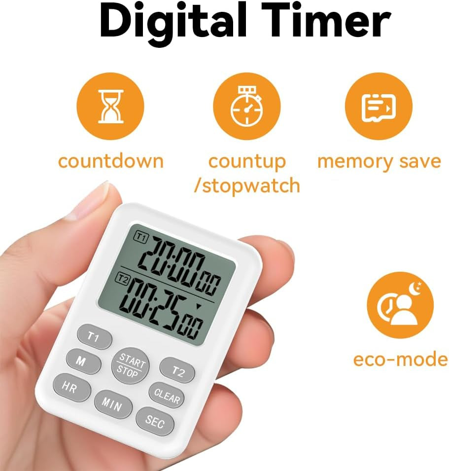 Dual Kitchen Timer Digital - 2 Channel for Cooking with Loud Adjustable Alarm, Magnetic Back and Stand, Battery Operated for Baking, BBQ, Study, and Exercise