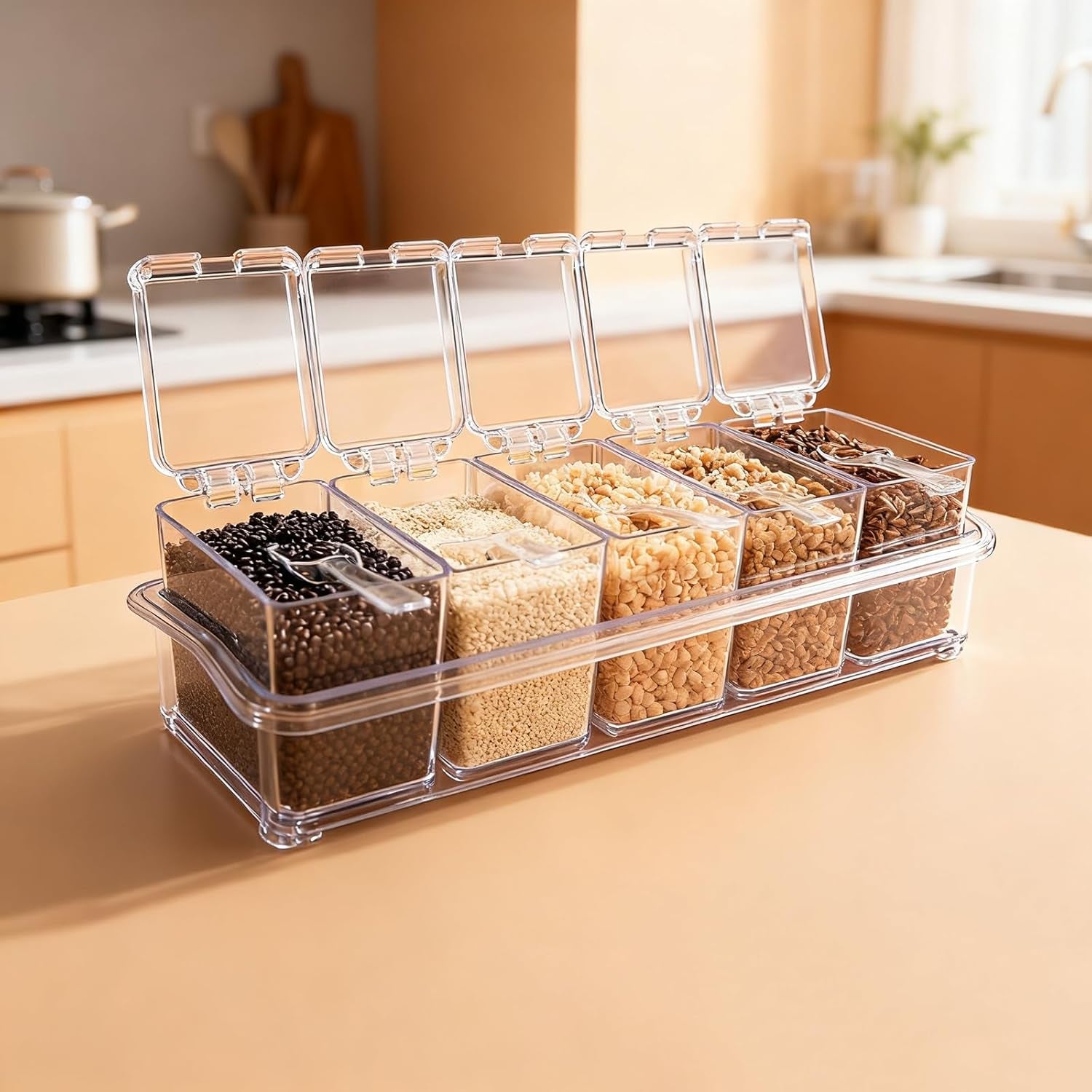 Clear Seasoning Box, 4 Pieces Seasoning Rack Spice Pots, Storage Container Condiment Jars Acrylic Seasoning Box with Covers and Spoons for Spice, Sugar, Salt, Sugar, Cardamon, Cinnamon