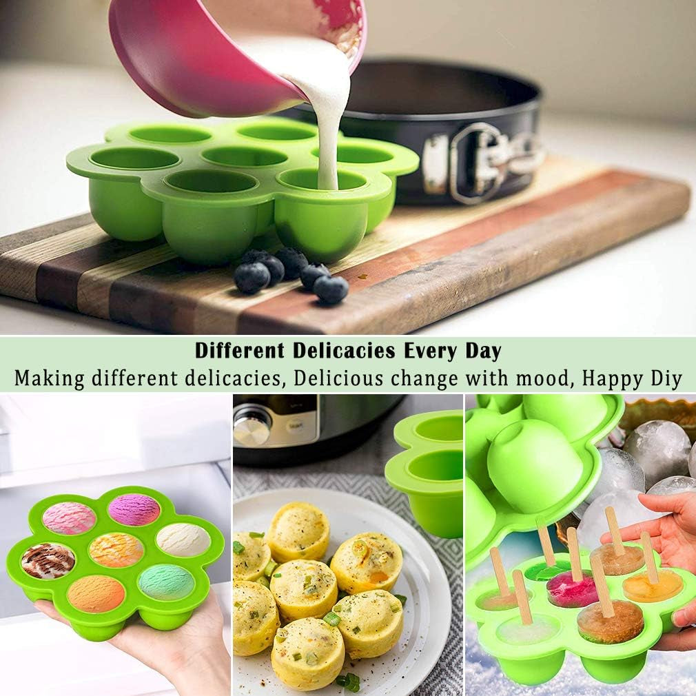 Silicone Egg Bites Molds and Steamer Rack Trivet with Heat Resistant Handles Fit Instant Pot Accessories, 7Pcs Set for 6Qt & 8Qt Electric Pressure Cooker with 2 Spoons and Silicone Spatula