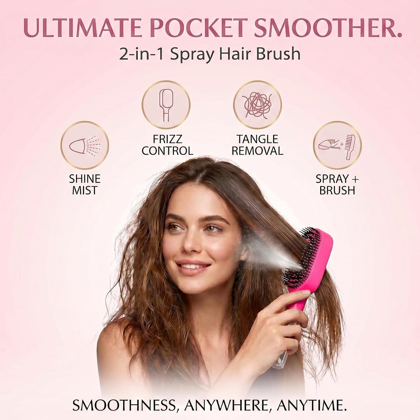Hair Refresh Spray Brush, 2-In-1 Detangling Hairbrush with Fine Mist Sprayer, Instant Morning Hair Fix, No-Wash Styling Tool, Anti-Frizz & Static Control, Portable for Travel Gym Office
