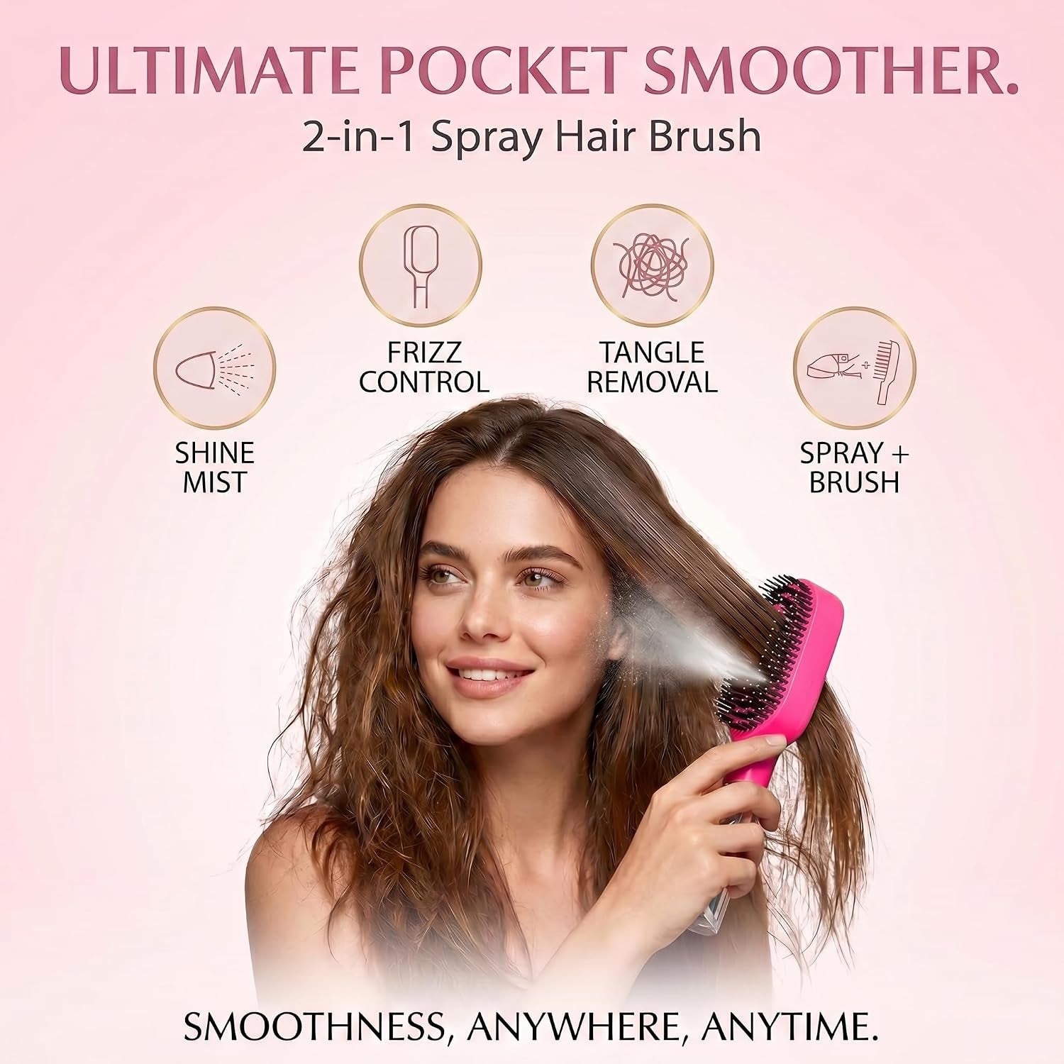 Hair Refresh Spray Brush, 2-In-1 Detangling Hairbrush with Fine Mist Sprayer, Instant Morning Hair Fix, No-Wash Styling Tool, Anti-Frizz & Static Control, Portable for Travel Gym Office