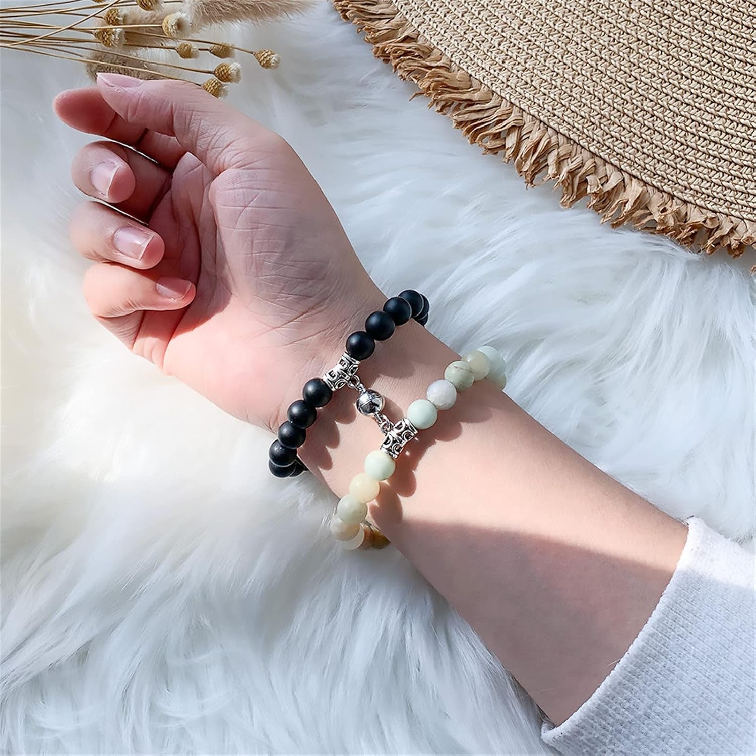2Pcs Natural Stone Chakra Tiger Eye Beads Bracelet Couples Matching Frosted Stone Bracelet for Women Men Best Friend Lovers Friendship Unisex Jewelry Gift