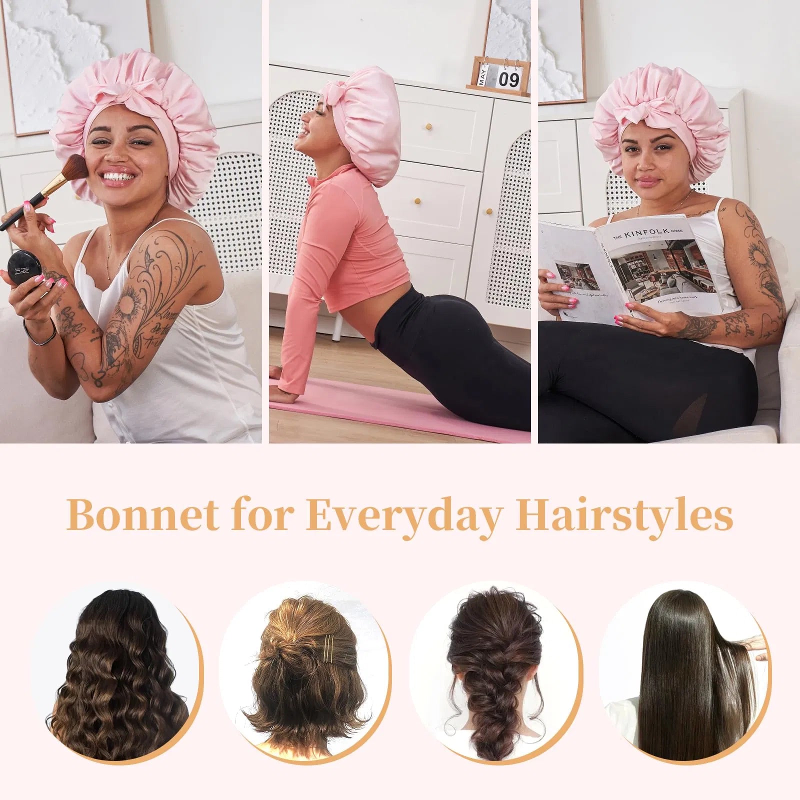 Silk Bonnet for Sleeping Women, Satin Hair Bonnet for Sleeping for Wavy Curly Natural Hair Women Men - Pink