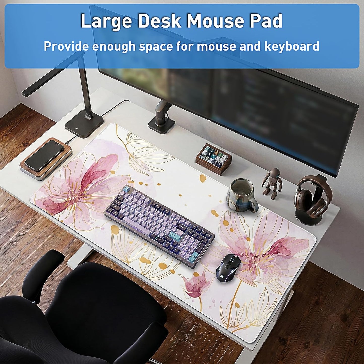 Large Desk Mat Floral Mouse Pad, XXL Non-Slip Waterproof Keyboard Mat with Stitched Edges, Full Desk Protector for Women Office Home Laptop (Pink)