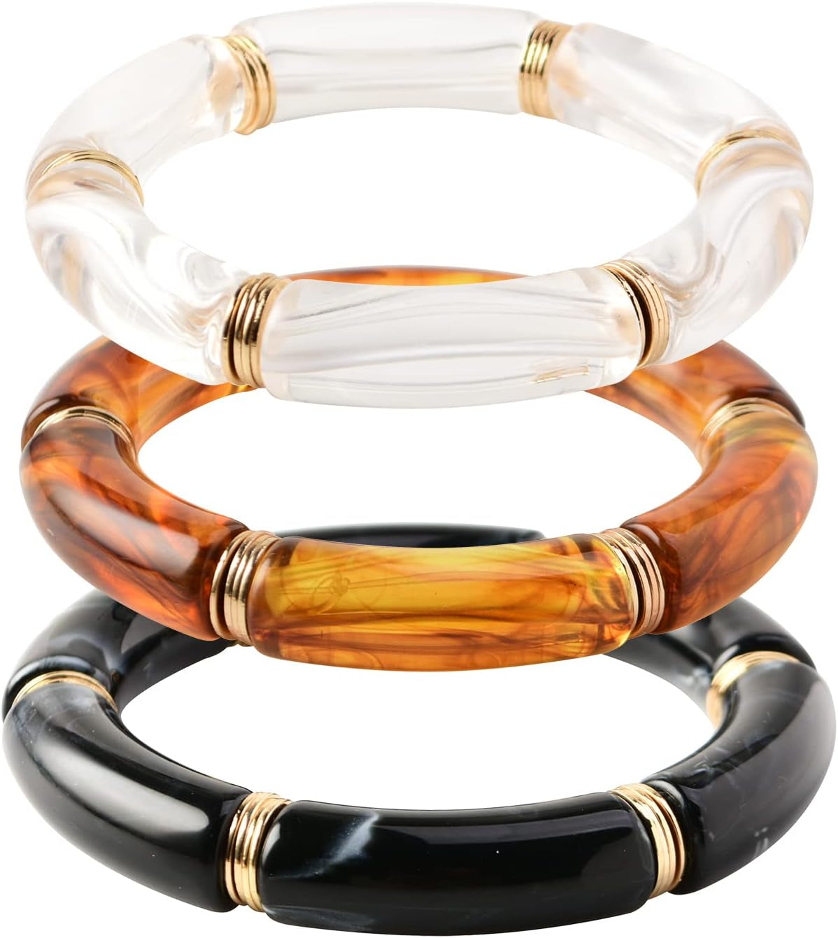 Simple Beaded Gold Plated Bangles Bracelet Chunky Bamboo Tube Curved Stacking Clear Acrylic Colorful Beads Stretchable Gold Plated Bracelets Set for Women