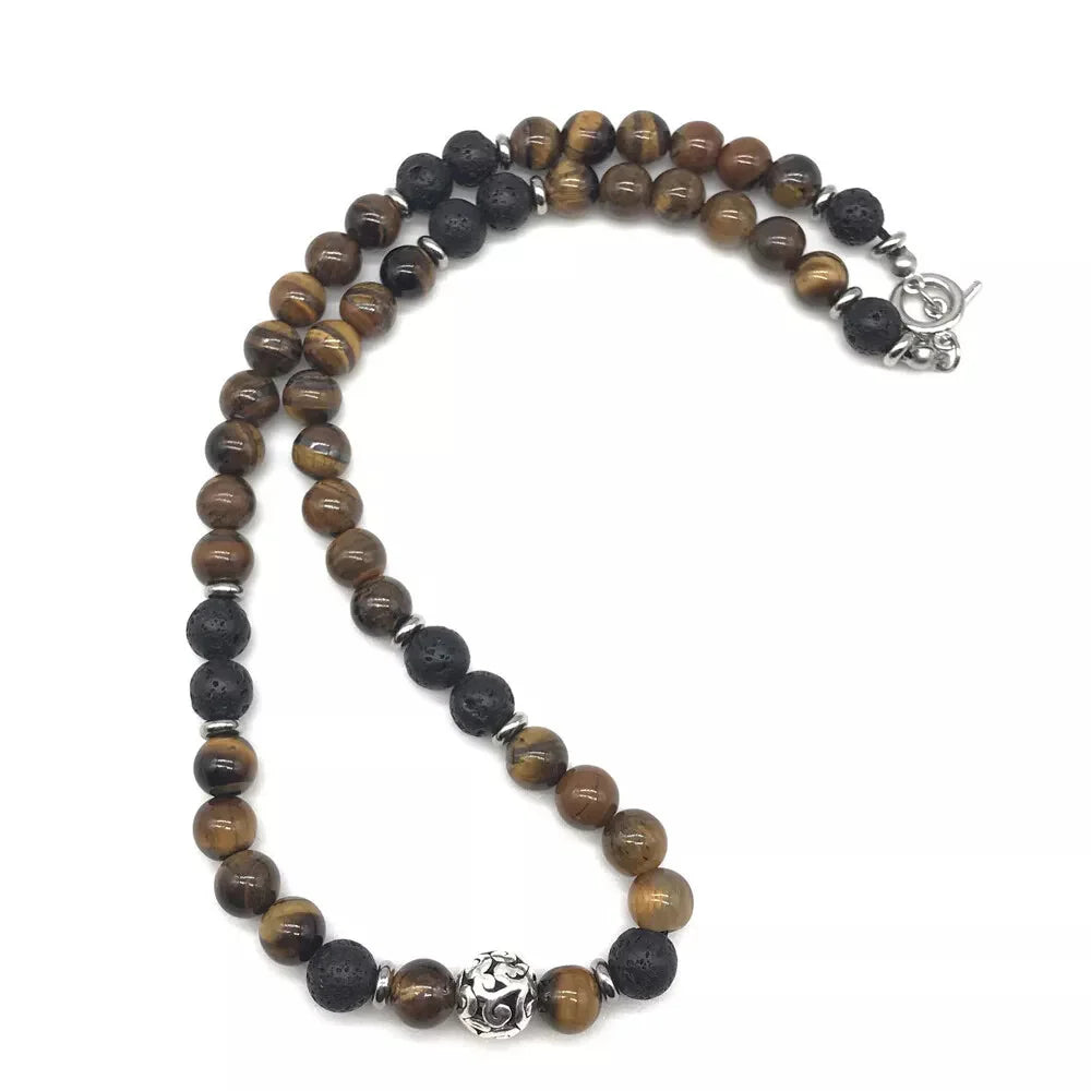 Men'S 8Mm Natural Tiger Eye Lava Bead Necklace Stainless Steel Toggle 18/20/24"