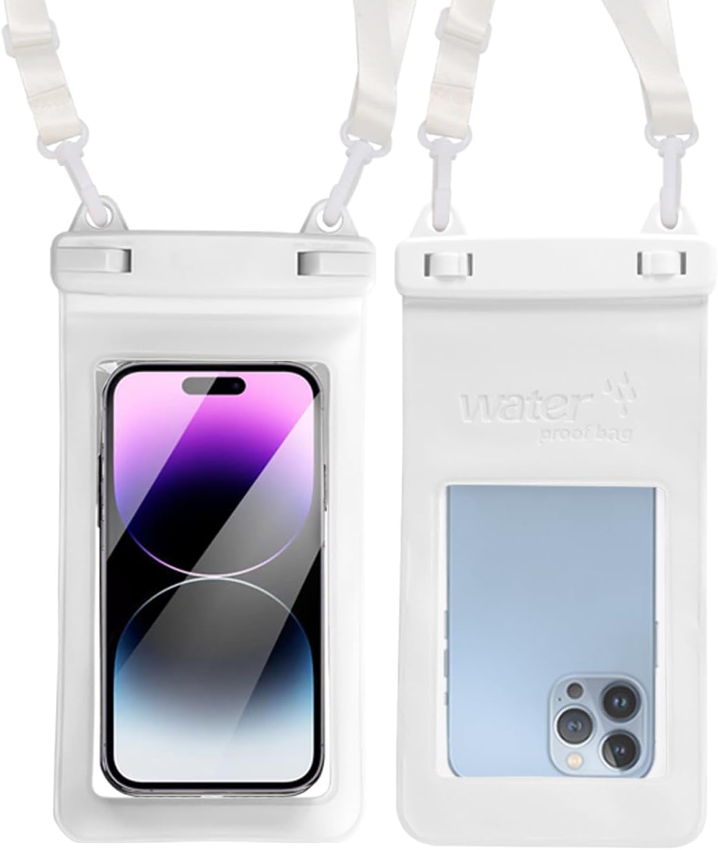 IPX8, 7.4Waterproof Phone Pouch, Universal Fit(Iphone 16 15 14 13 plus Pro, 12 11 Pro, XR X 8 7 6S plus SE, Galaxy S25 S24 S23 S20 Series Pixel, Lanyard Included (White) 1Pack