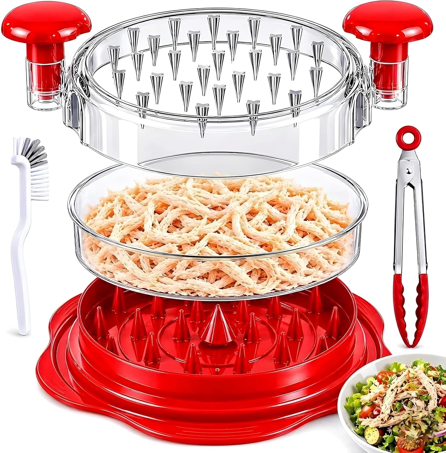 Large Chicken Shredder with Cleaning Brush & Tong 10'' Pro Chicken Shredder Tool Twist Large Stable Anti-Slip Ergonomic Handle, Removable Tray, Dishwasher Safe, BPA Free (Red)