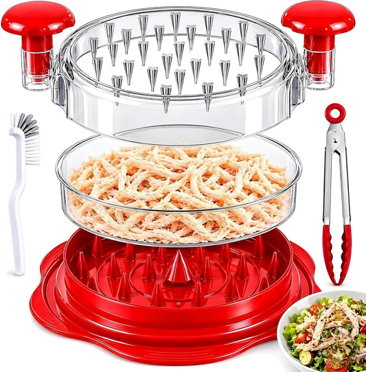 Large Chicken Shredder with Cleaning Brush & Tong 10'' Pro Chicken Shredder Tool Twist Large Stable Anti-Slip Ergonomic Handle, Removable Tray, Dishwasher Safe, BPA Free (Red)