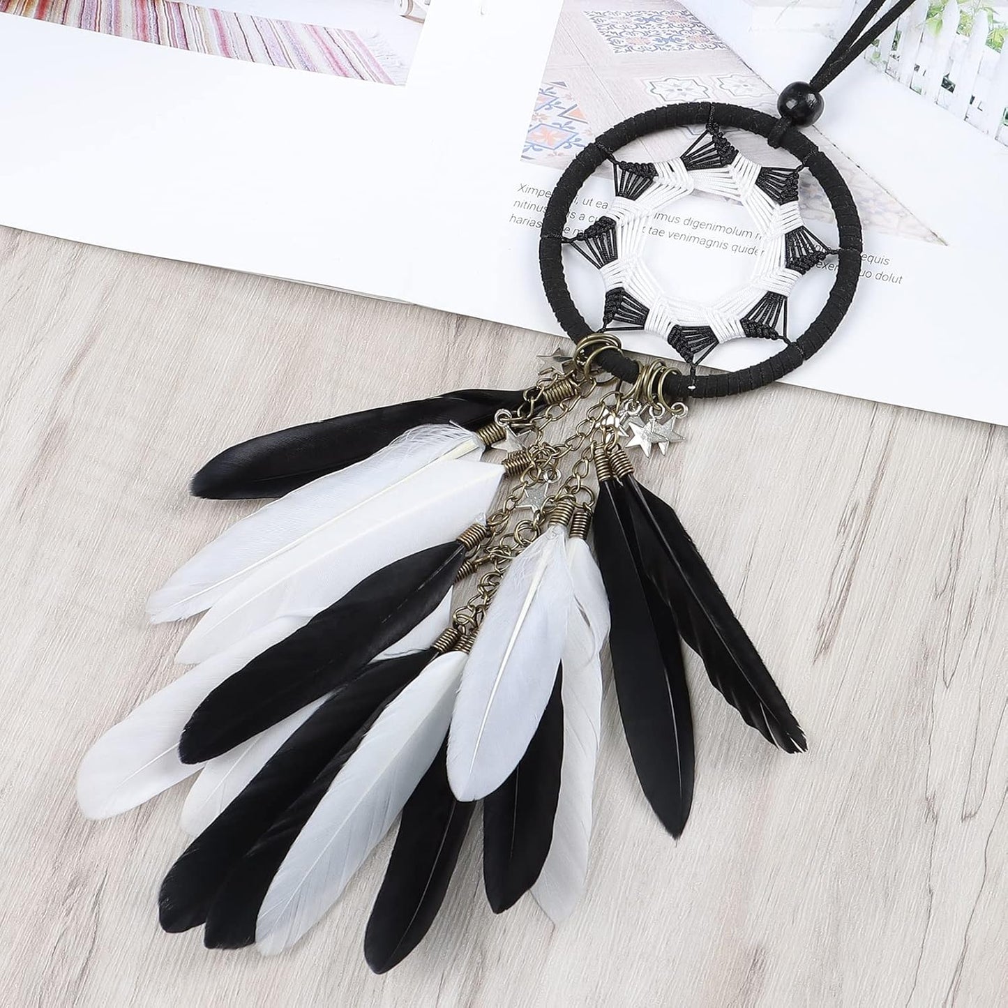 Dream Catcher Car Interior Rearview Mirror Hanging Decor Handmade Grids Nature Feather Small Boho Car Charms Pendant Accessories (Black and White)
