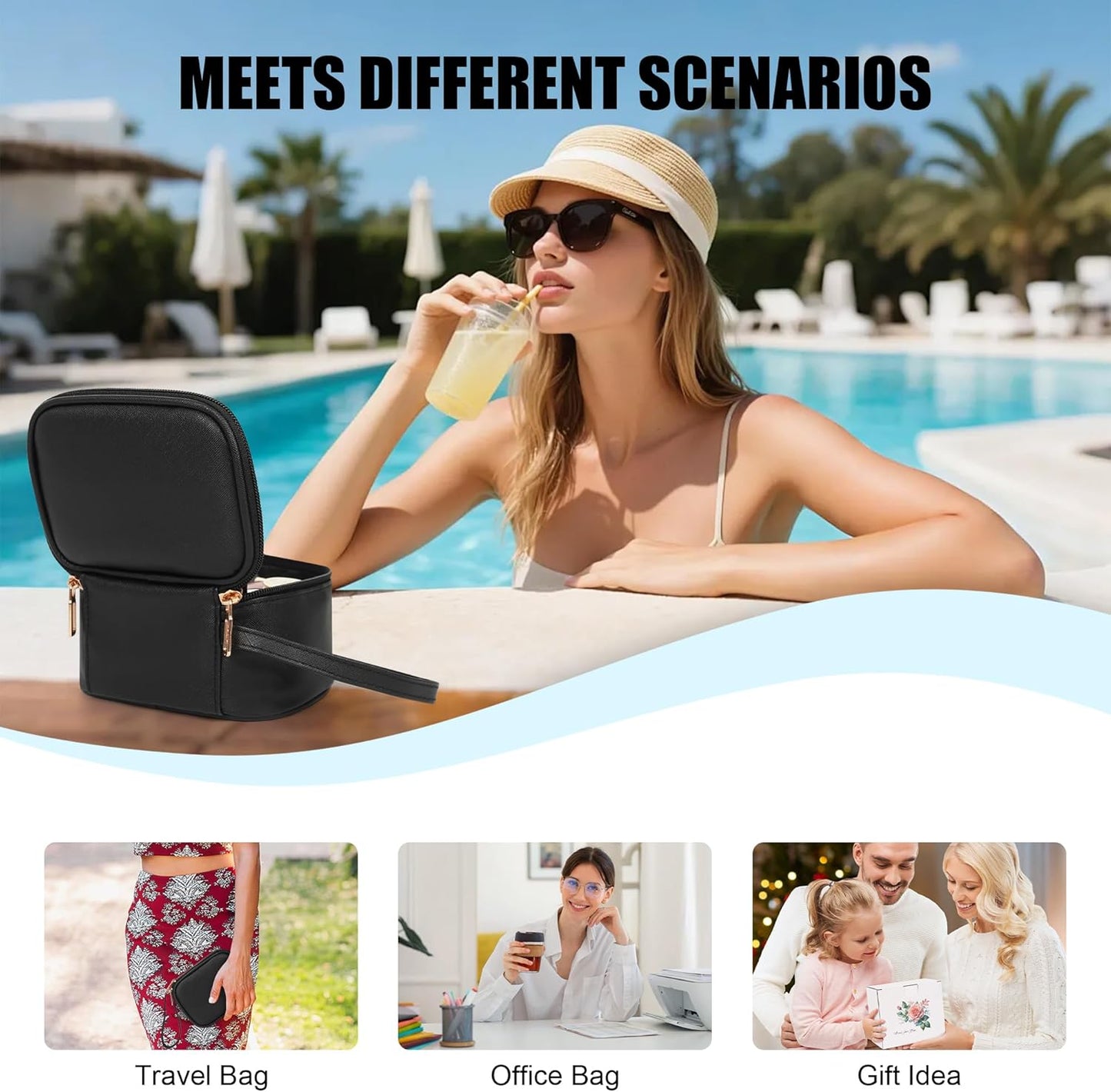 Mini Makeup Bag with Led Mirror, Small Cosmetic Bag with 3 Light Modes, Rechargeable Portable Makeup Pouch with Hands-Free Wrist Strap for Pool Parties丨Work Touch-Ups丨Travel - Black