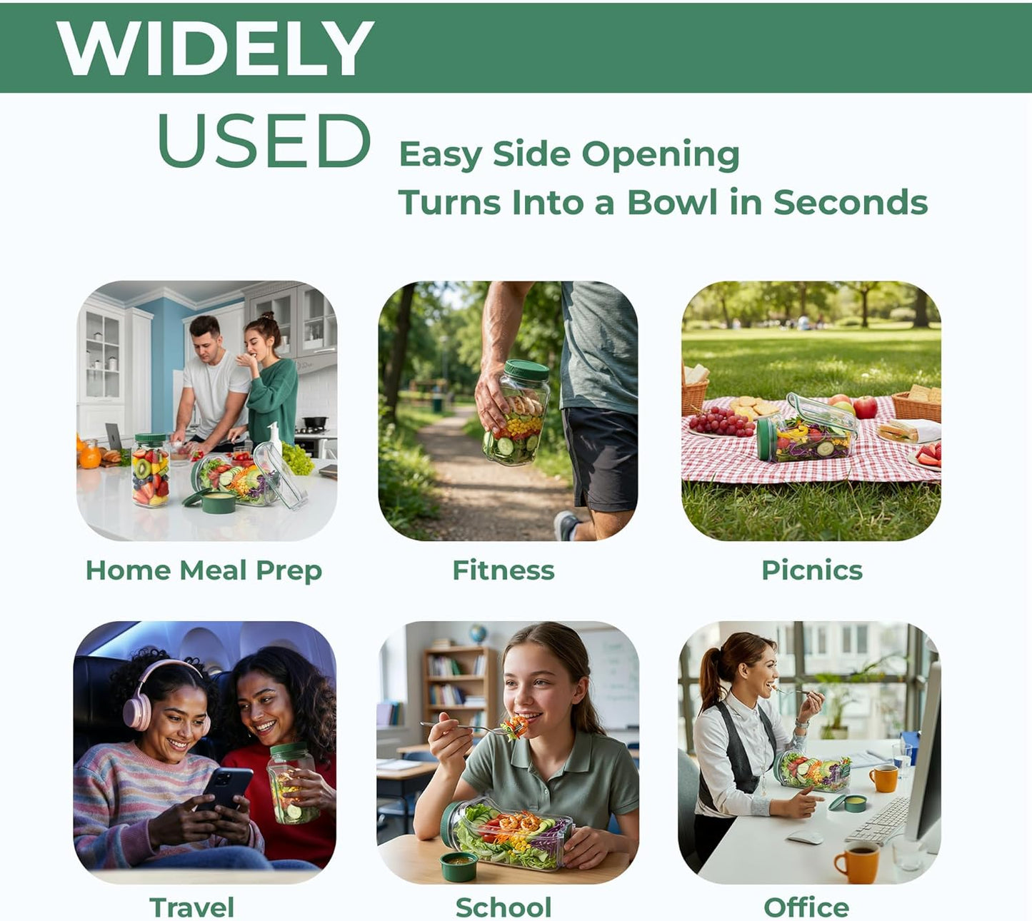 Premium Salad Jars with Side Opening, Salad Dressing Containers, on the Go Salad Jar Lunch Box for Meal Prep & Food Storage, Keeps Food Fresh & Organized, Salad Bowls to Go for Lunch, Travel
