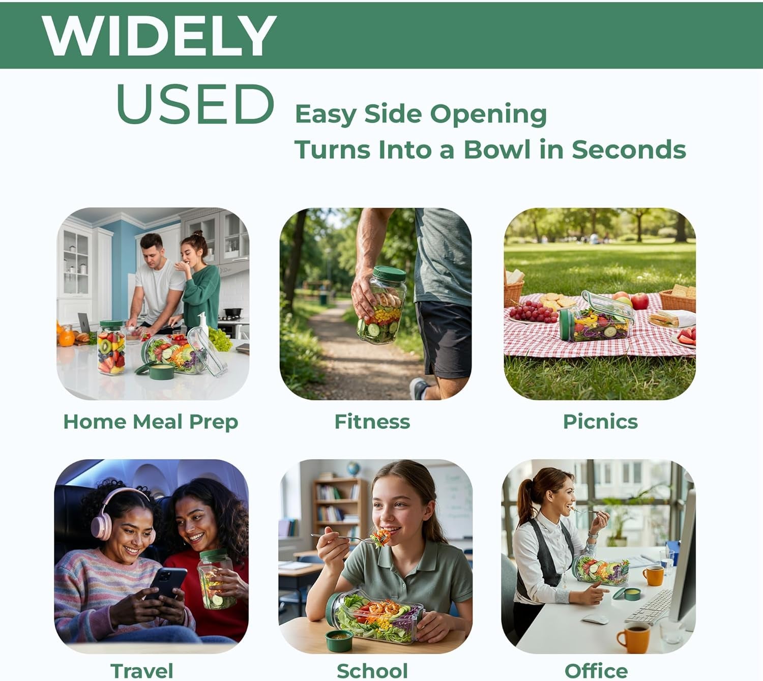 Premium Salad Jars with Side Opening, Salad Dressing Containers, on the Go Salad Jar Lunch Box for Meal Prep & Food Storage, Keeps Food Fresh & Organized, Salad Bowls to Go for Lunch, Travel
