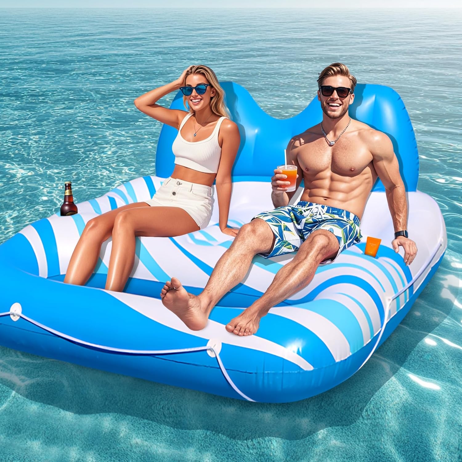Pool Float for Adults – Extra Large Inflatable Tanning Pool Float with Backrest, Footrest & 2 Cup Holders, Heavy Duty Float Lounger for Pool, Lake, River
