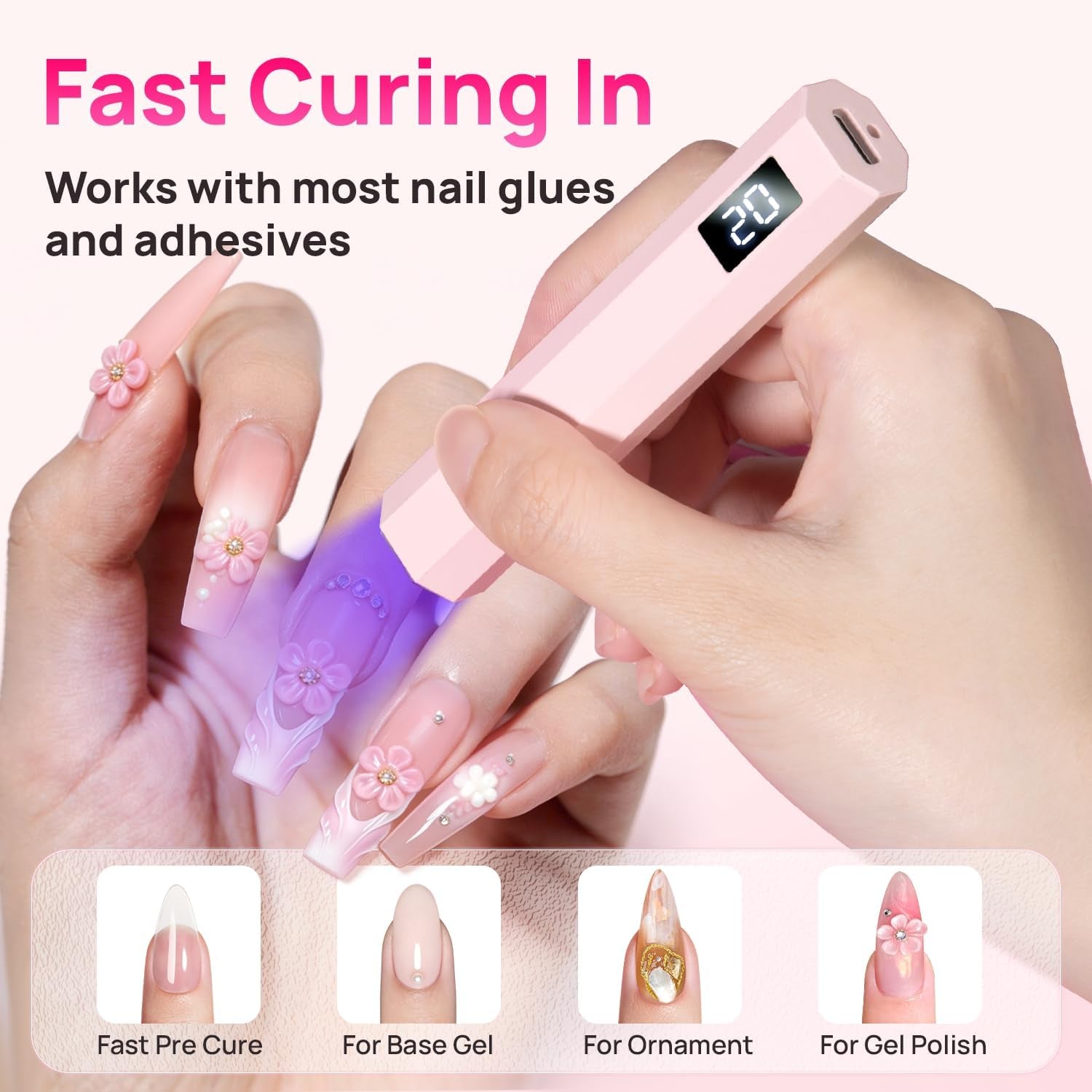 UV Nail Lamp, Handheld with LCD Display & 20/60S Timer,180Mah Rechargeable Nail Lamps for Gel Polish, Home DIY & Salon Use (Pink)