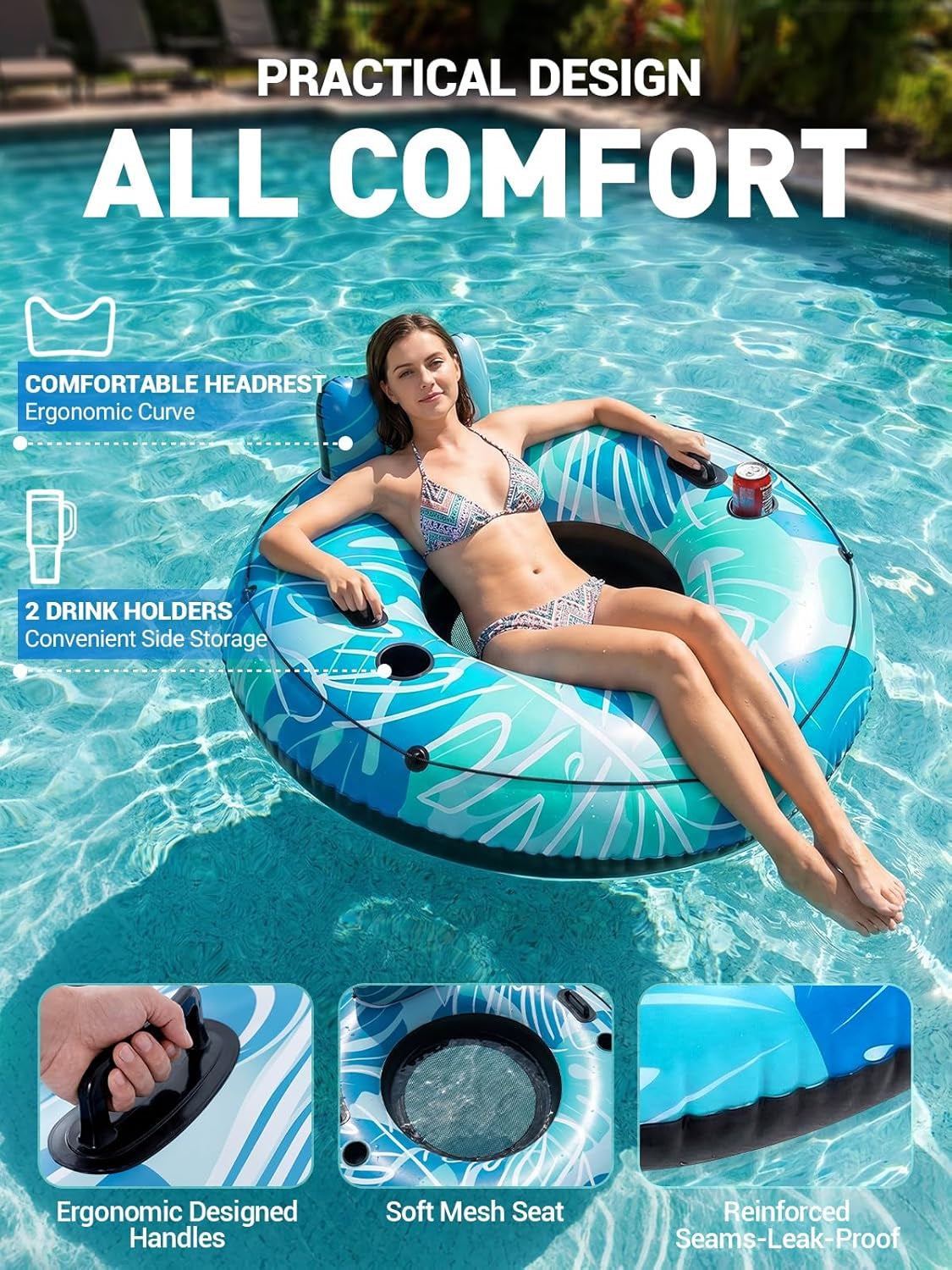Inflatable River Tube for Adults - 53" Heavy Duty River Float with 2 Deep Cup Holders & Ergonomic Backrest, Floating Tubes with 2 Handles & Grab Rope for Pool, Lake or Lazy River