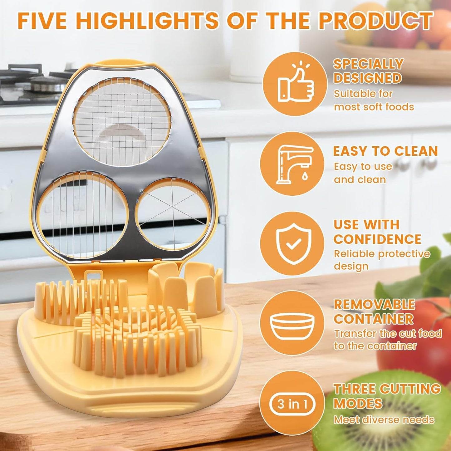 3 in 1 Boiled Egg Slicer, Stainless Steel Egg Slicer for Hard Boiled Eggs, 3 Slice Modes, Hard Boiled Egg Cutter & Fruit Slicer for Egg, Strawberry, Tomato