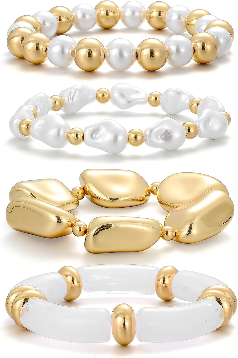 Simple Beaded Gold Plated Bangles Bracelet Chunky Bamboo Tube Curved Stacking Clear Acrylic Colorful Beads Stretchable Gold Plated Bracelets Set for Women