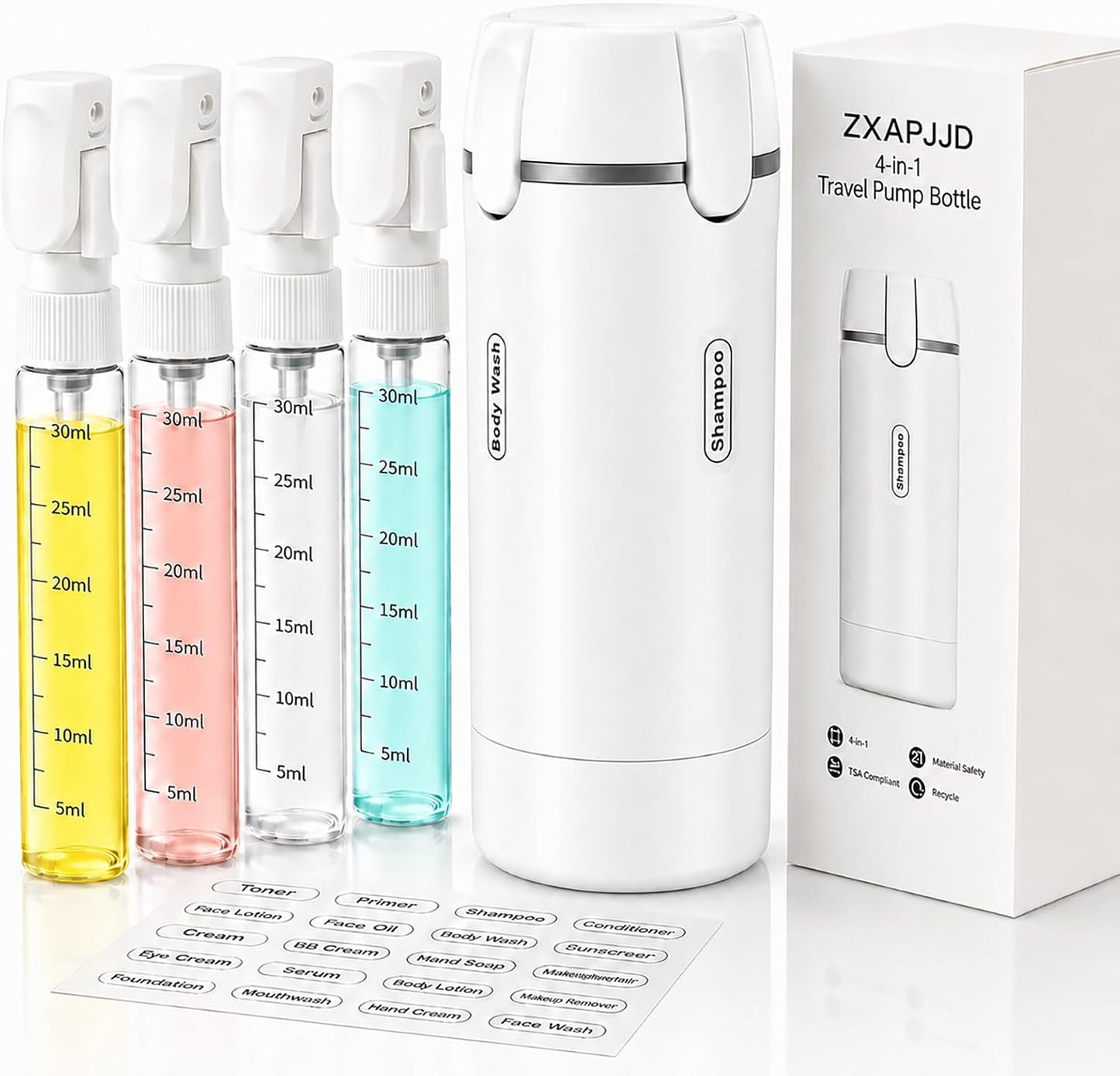 4 in 1 Travel Dispenser Bottle, Leakproof Rotatable Travel Pump Bottles for Toiletries, TSA Approved Hard Shell Liquid Containers (4X30Ml/1Oz), Essentials for Women & Men (White)