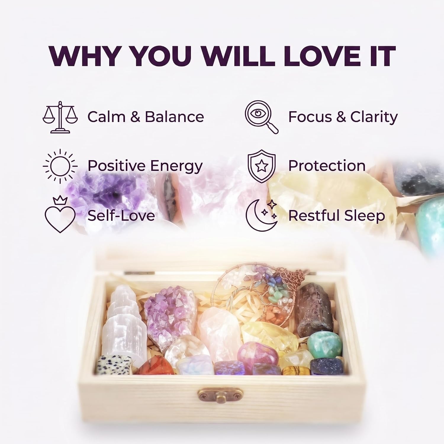 Healing Crystals Set - 16 Real Chakra Crystals & Stones for Stress & Anxiety Relief, Wooden Gift Box + Tree of Life Necklace + Guide Book, Selenite Amethyst Rose Quartz - Gift for Women
