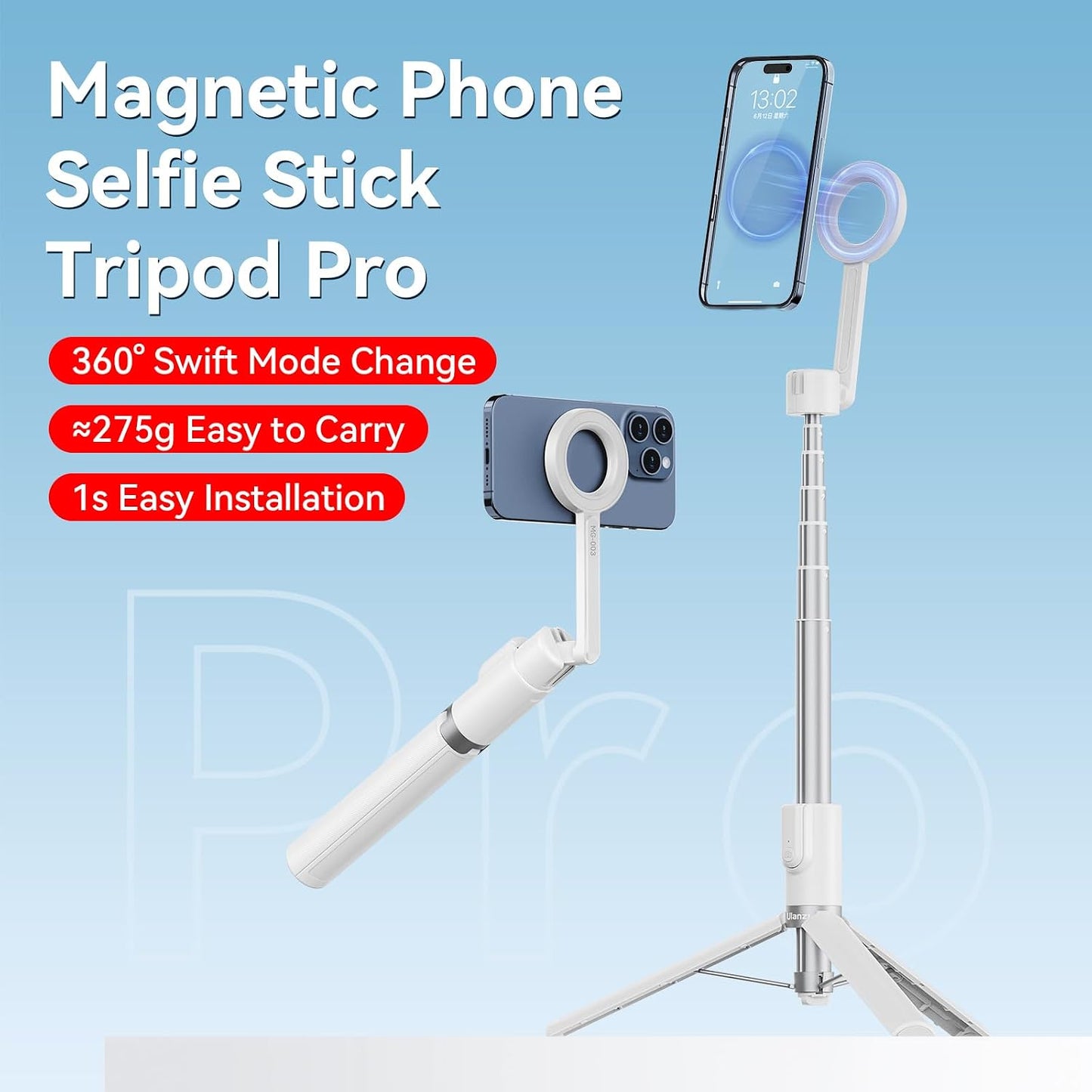 54'' Magnetic Selfie Stick Tripod Pro, All-In-One Phone Tripod W Magnetic Phone Holder & Detachable Wireless Remote, C/W Magsafe, for Iphone 16 15 14 13 12 Series & Android Phones (White)