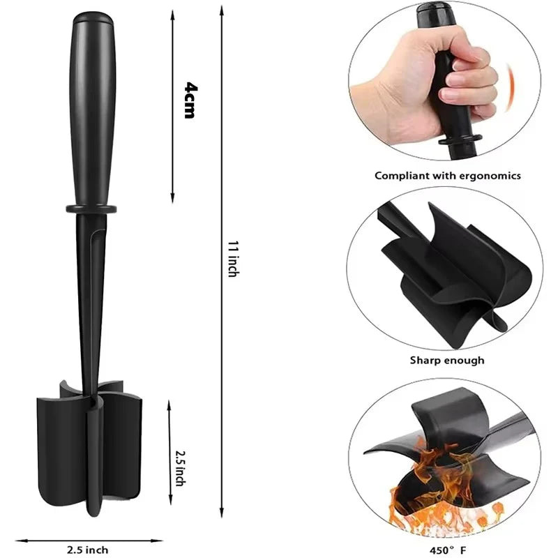 Meat Masher, Ground Beef Chopper Tool with 5 Curve Blades & Ergonomic Non-Slip Handle, Nylon Hamburger Smasher Tool Heat Resistant Non Stick(Black)