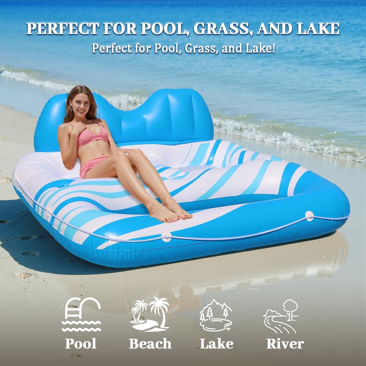 Pool Float for Adults – Extra Large Inflatable Tanning Pool Float with Backrest, Footrest & 2 Cup Holders, Heavy Duty Float Lounger for Pool, Lake, River