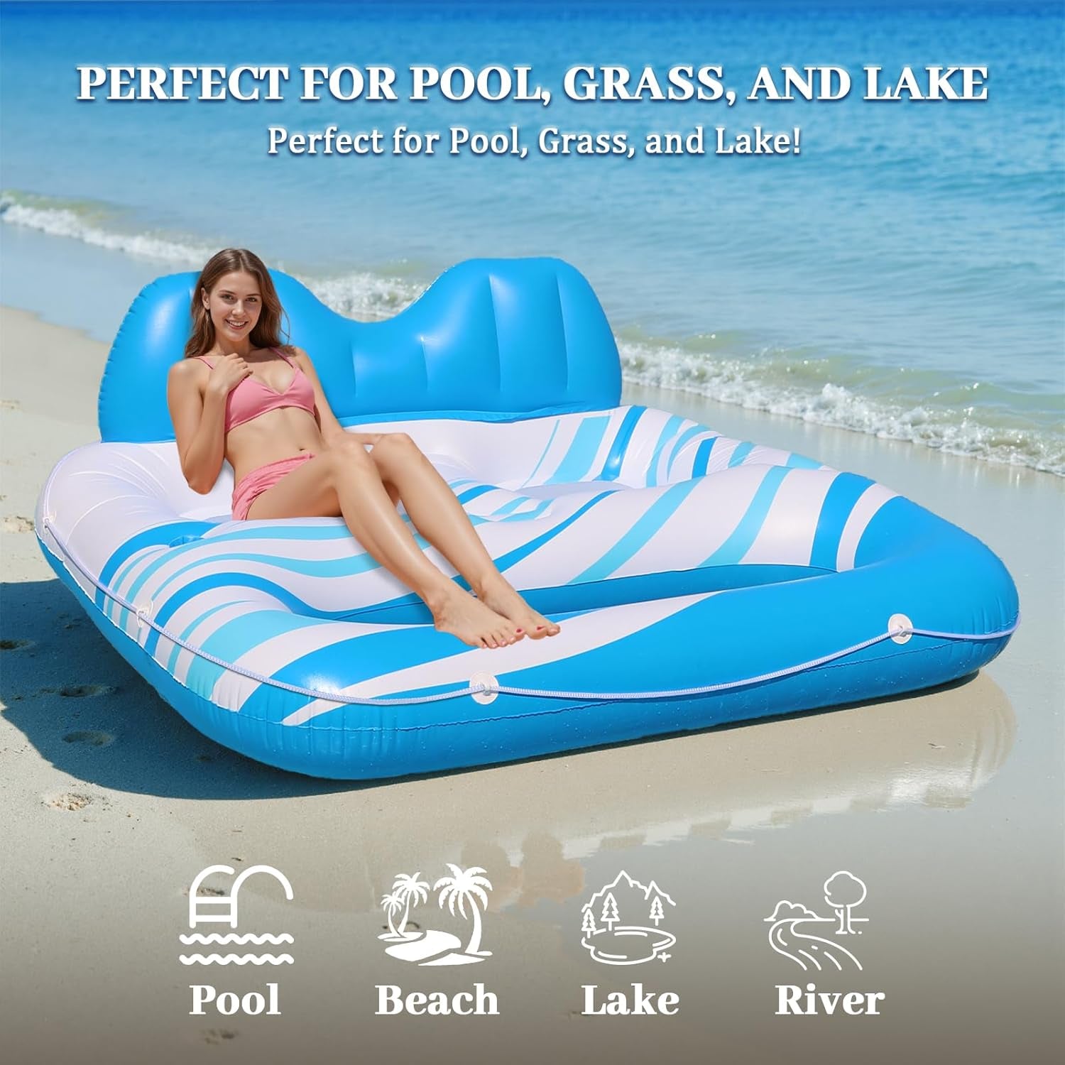 Pool Float for Adults – Extra Large Inflatable Tanning Pool Float with Backrest, Footrest & 2 Cup Holders, Heavy Duty Float Lounger for Pool, Lake, River