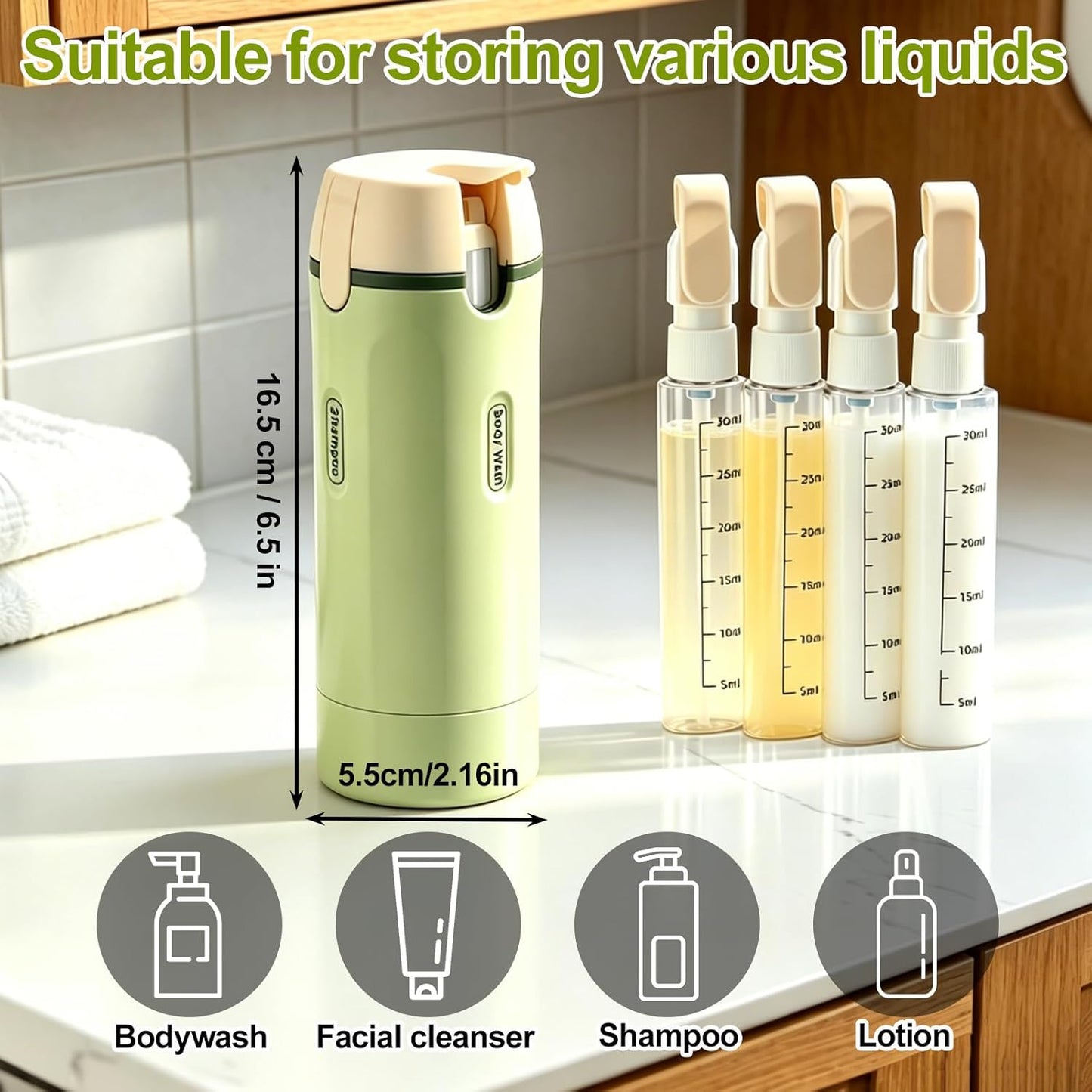 4 in 1 Travel Dispenser Bottle, Leakproof Rotatable Travel Pump Bottles for Toiletries, TSA Approved Hard Shell Liquid Containers (4X30Ml/1Oz), Essentials for Women & Men (White)