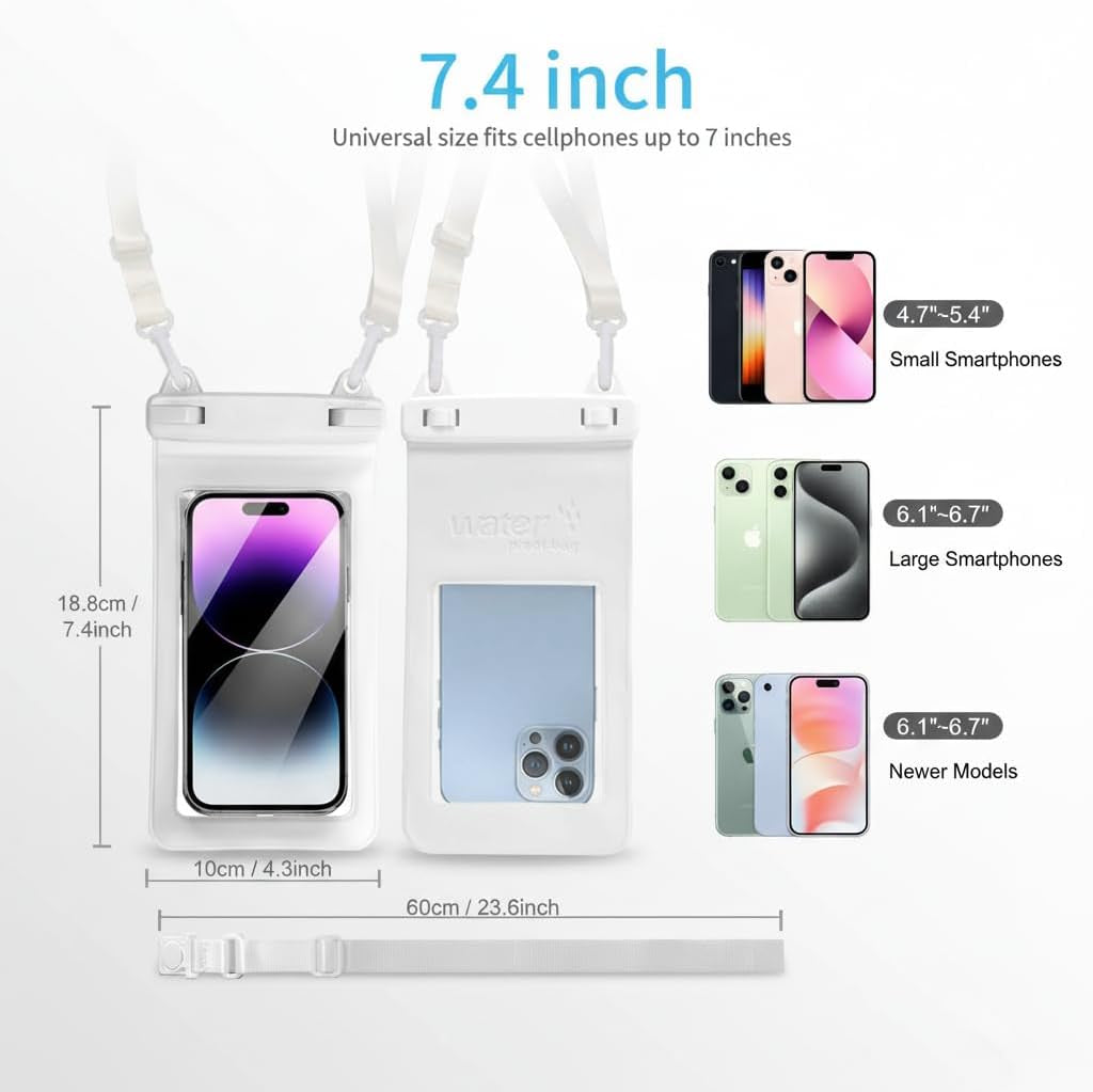 IPX8, 7.4Waterproof Phone Pouch, Universal Fit(Iphone 16 15 14 13 plus Pro, 12 11 Pro, XR X 8 7 6S plus SE, Galaxy S25 S24 S23 S20 Series Pixel, Lanyard Included (White) 1Pack