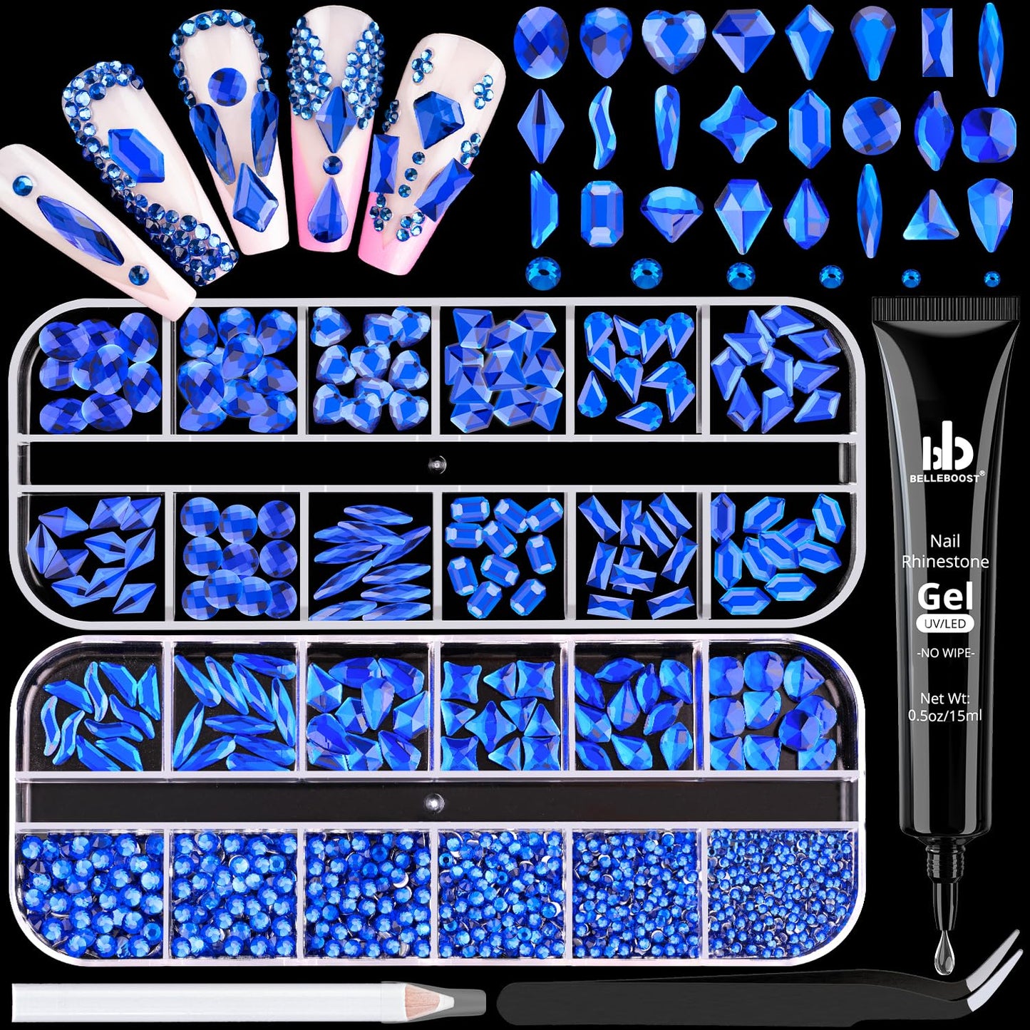 Nail Art Rhinestone Kit, 15Ml Rhinestone Gel Glue+Colorful Gems+Flatback Glass Crystal Ab&Clear Gemstones with Pickup Tools for Bedazzling Nail and Face Makeup