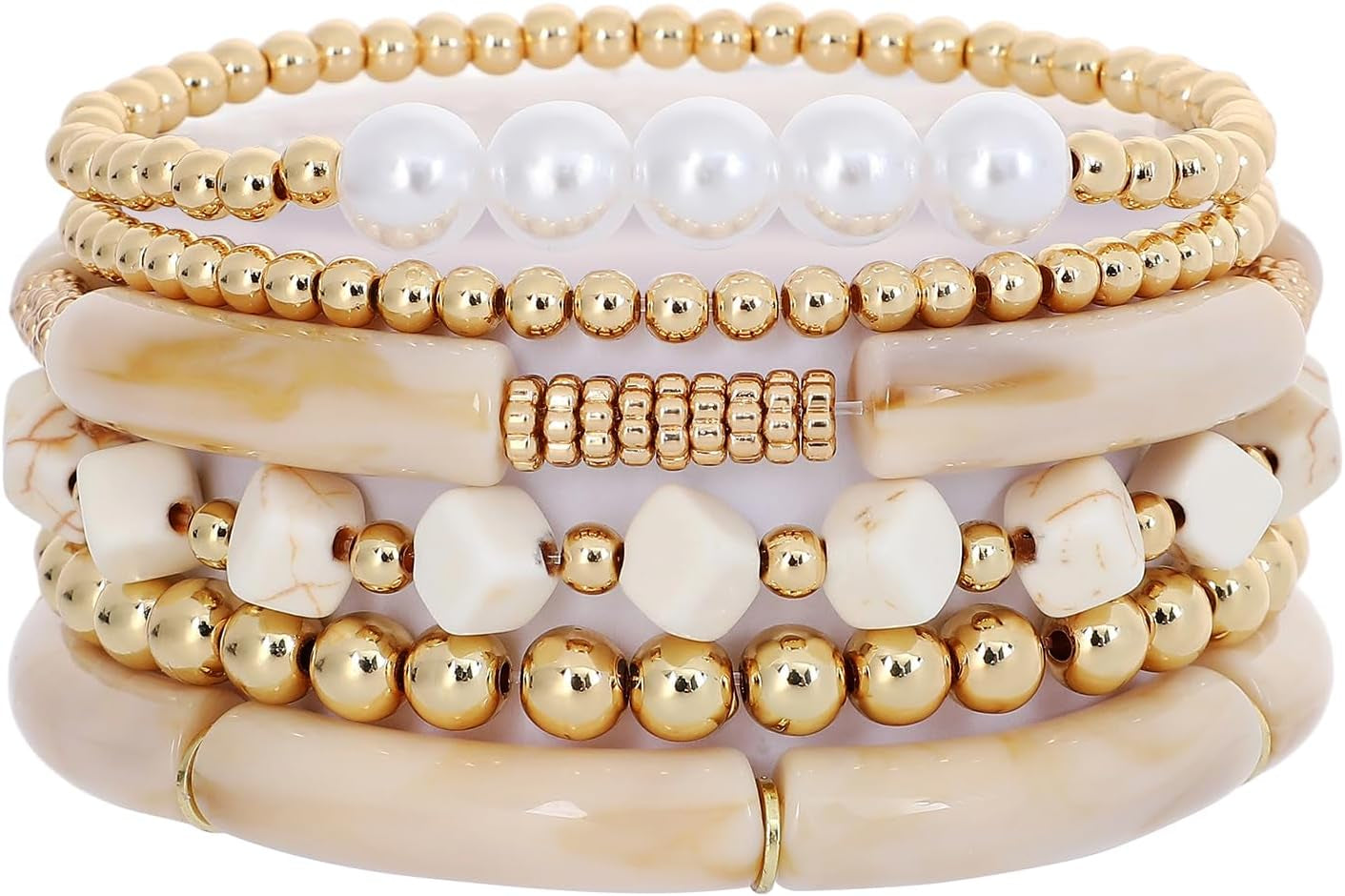 Simple Beaded Gold Plated Bangles Bracelet Chunky Bamboo Tube Curved Stacking Clear Acrylic Colorful Beads Stretchable Gold Plated Bracelets Set for Women