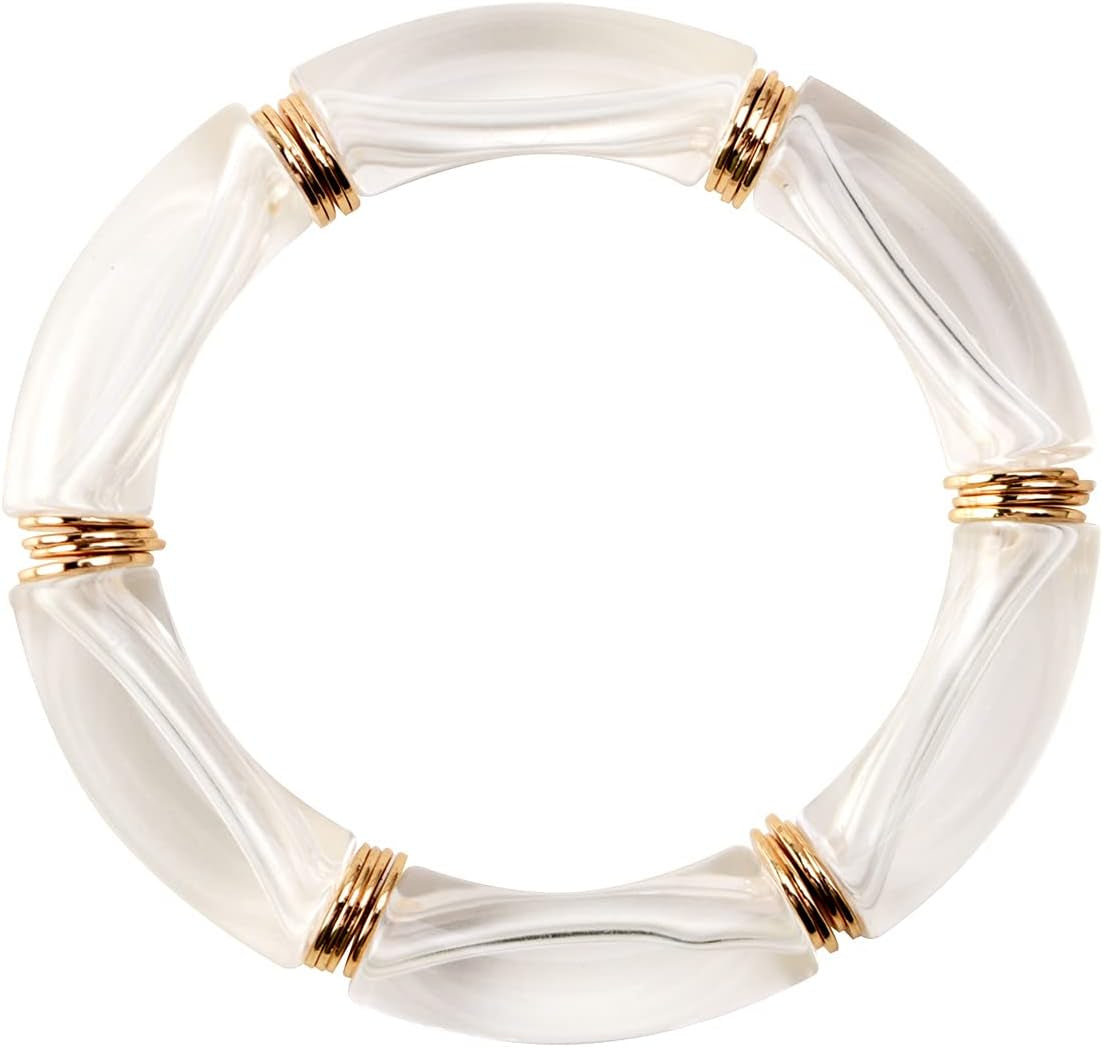 Simple Beaded Gold Plated Bangles Bracelet Chunky Bamboo Tube Curved Stacking Clear Acrylic Colorful Beads Stretchable Gold Plated Bracelets Set for Women