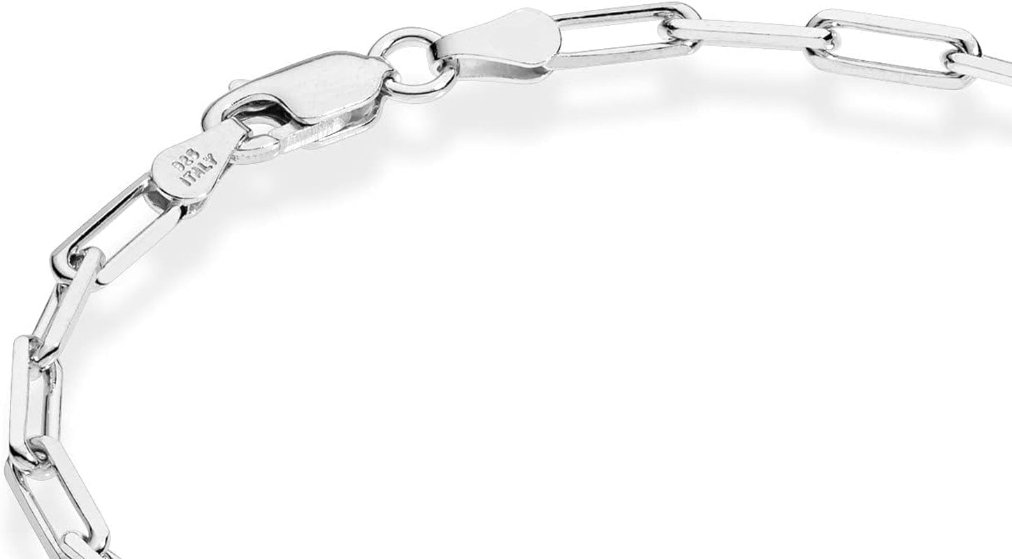 Solid 925 Sterling Silver Italian 3Mm Paperclip Link Chain Bracelet for Women Men, Made in Italy