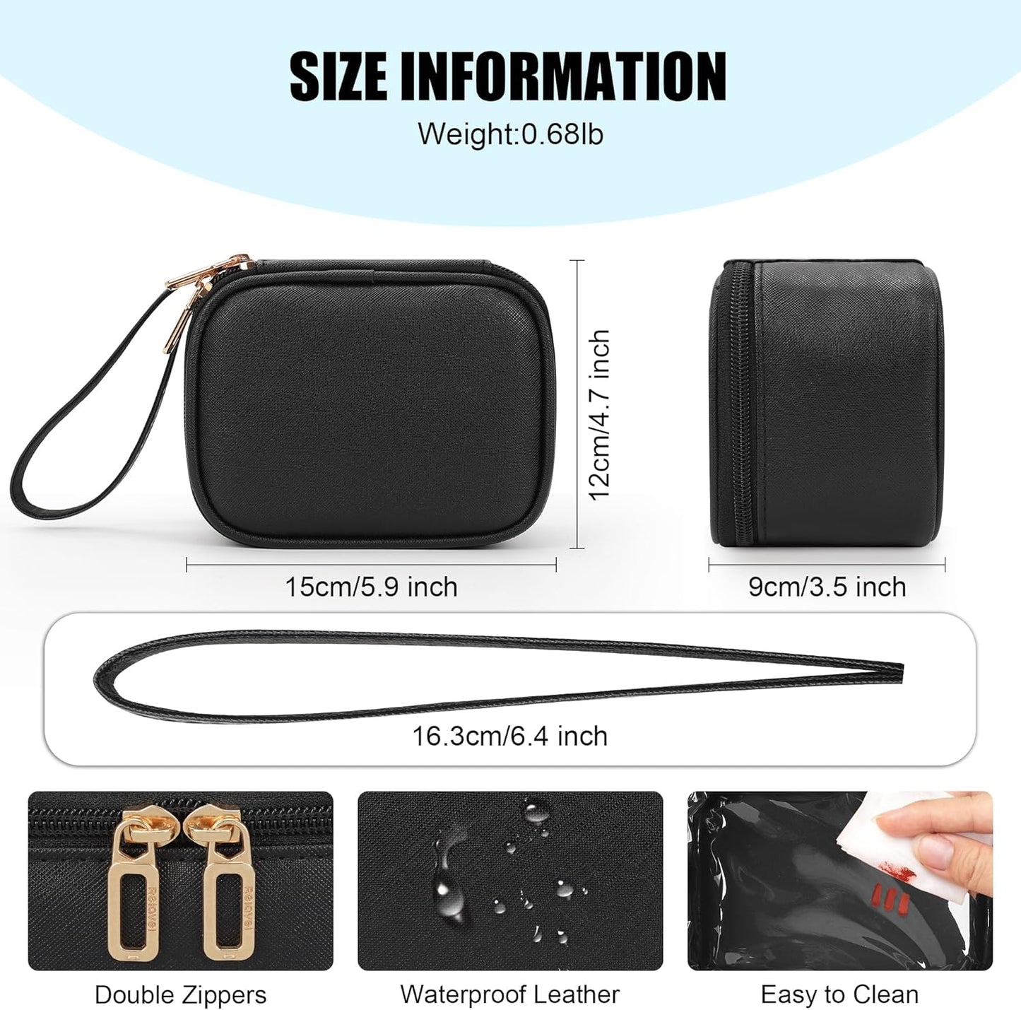 Mini Makeup Bag with Led Mirror, Small Cosmetic Bag with 3 Light Modes, Rechargeable Portable Makeup Pouch with Hands-Free Wrist Strap for Pool Parties丨Work Touch-Ups丨Travel - Black