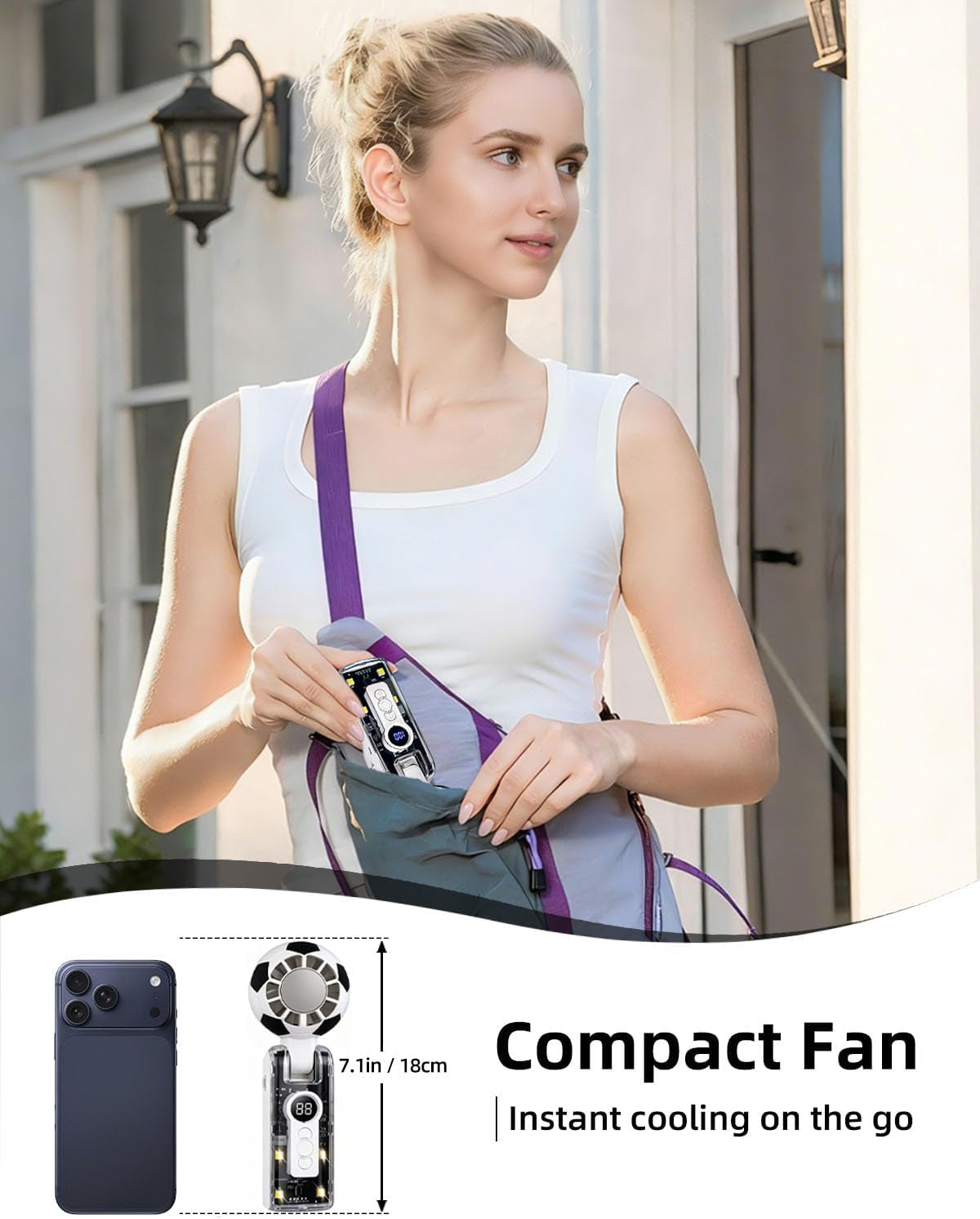 Handheld Fan, Portable Mini Handheld Fans with Cooling Function, 6 Wind Speeds, LED Display, 180° Adjustable, 3-In-1 Rechargeable Handheld Fan with LED Light for Work,Travel,Camping,Stadium (White)