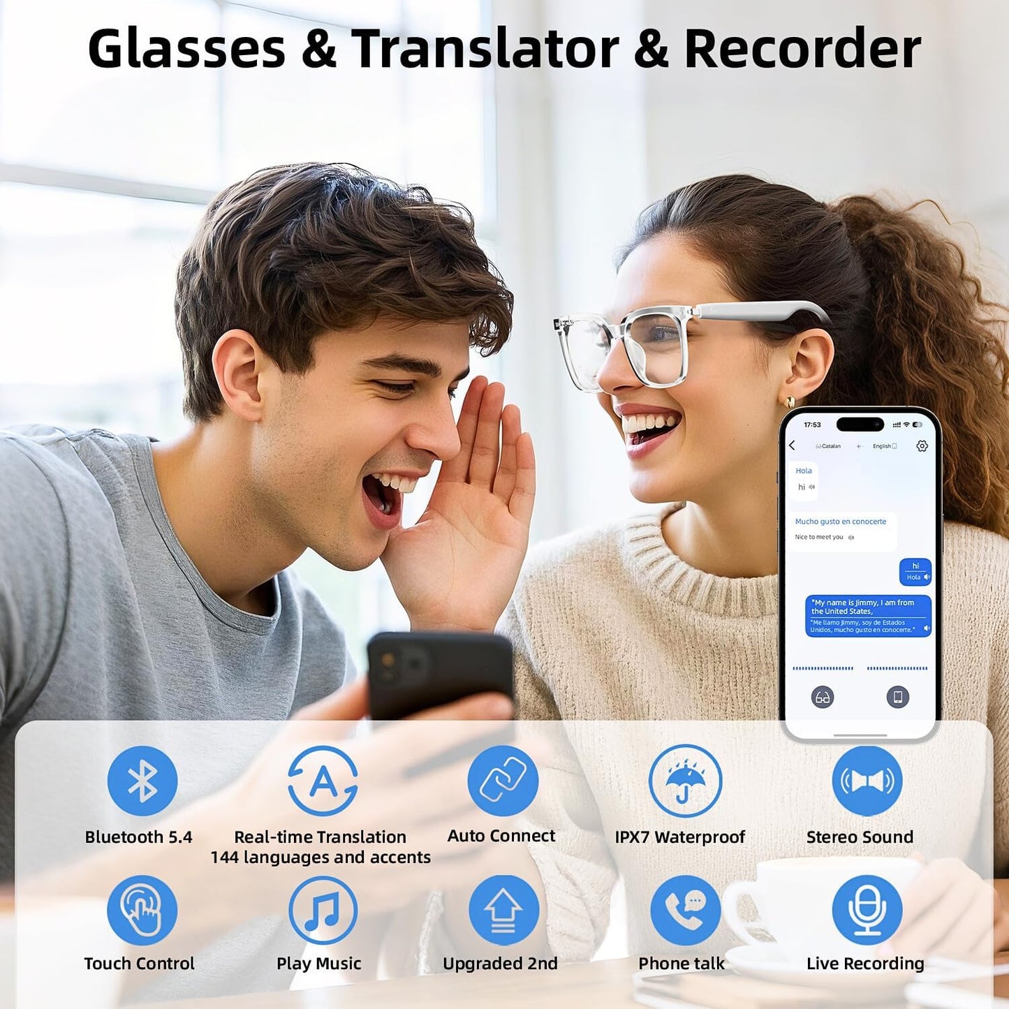 Smart Glasses, Bluetooth Glasses for Men Women, UV Protection, Real Time Translation with 144+Languages, AI Glasses with Chat GPT Bluetooth 5.4 for Meeting Daily Use Travel Business