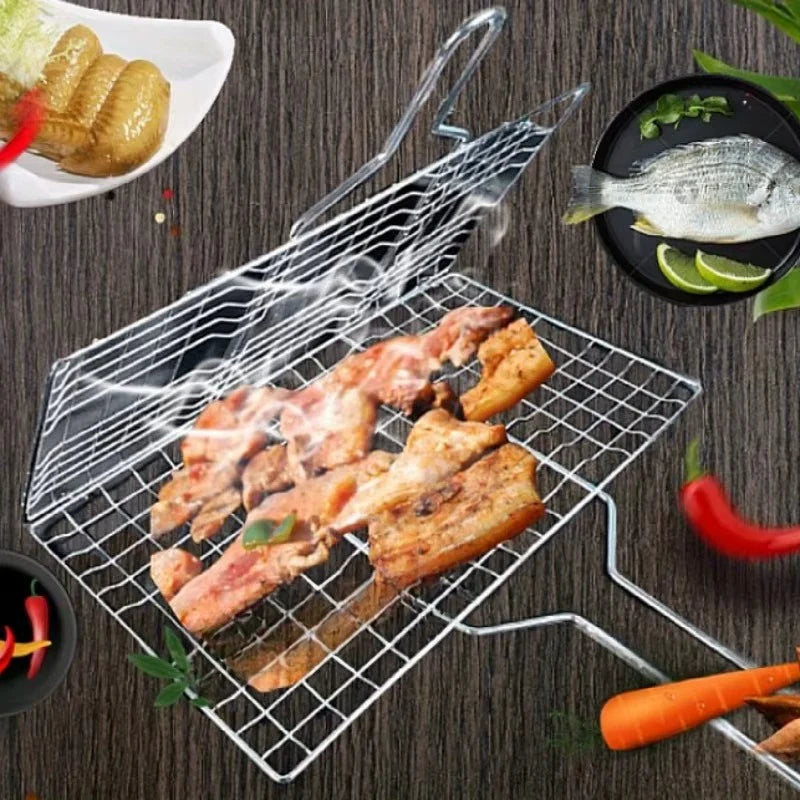 Portable Grill Basket, BBQ Grilling Basket for Outdoor Grill with Removable Handle, Stainless Steel Camping Cooking Grill Accessories for Chicken Fish Vegetable