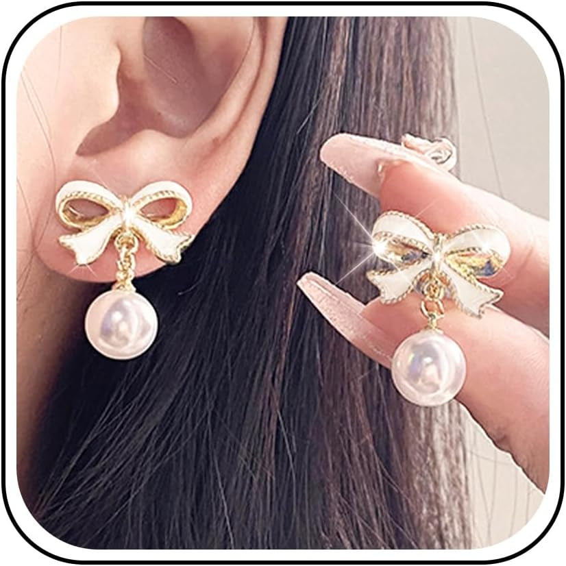 Bow Earrings for Women Pearl Bow Earrings Rhinestone Earring Gold Dangle Earring Christmas Jewelry Gifts Outfits Stocking Stuffers
