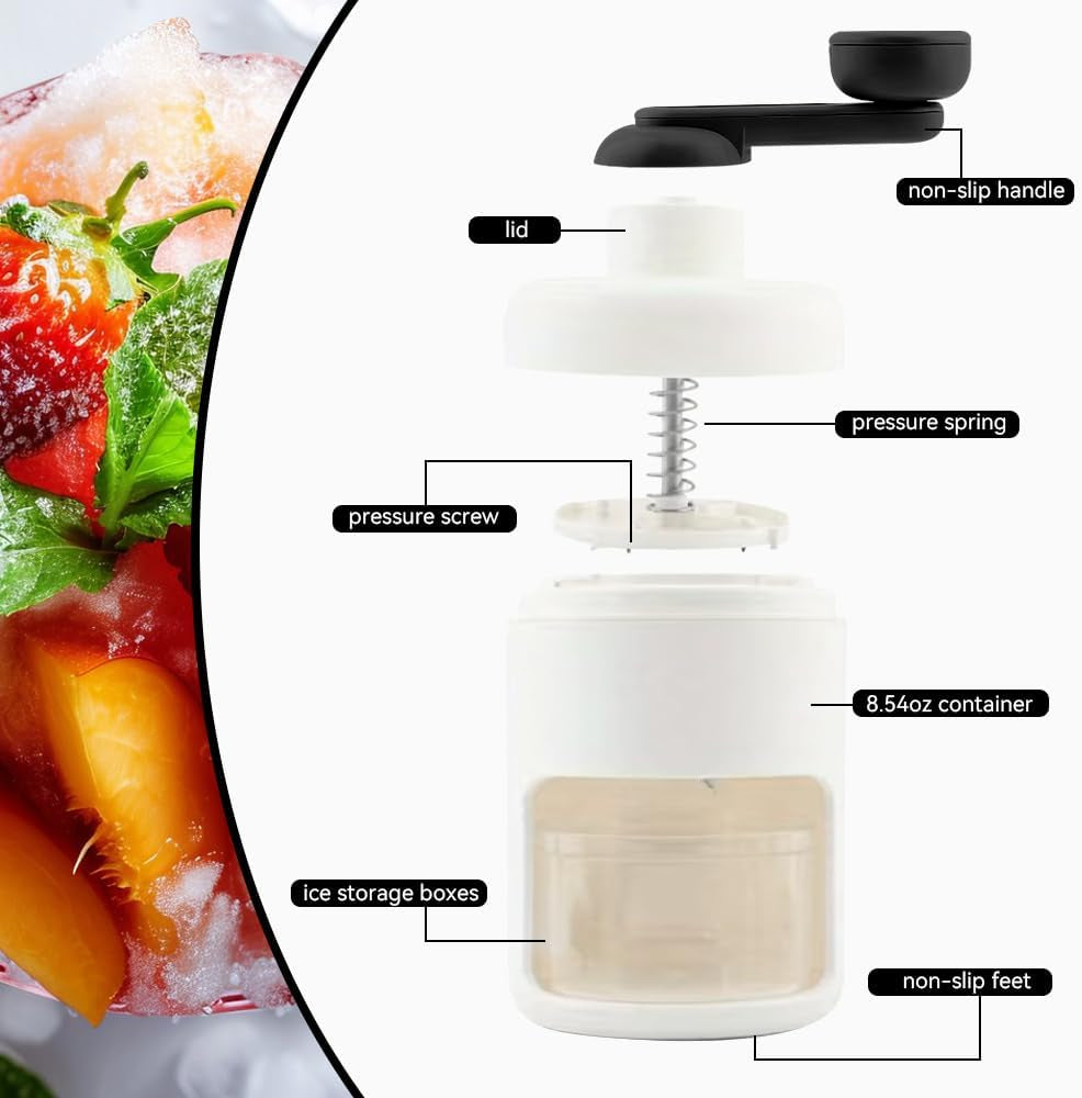 Shaved Ice Mini Snow Cone Machine, Portable Countertop Ice Shaver with No Slip Base, No Electricity Needed, Ice Cup Included, Lightweight, Stainless Steel Blade