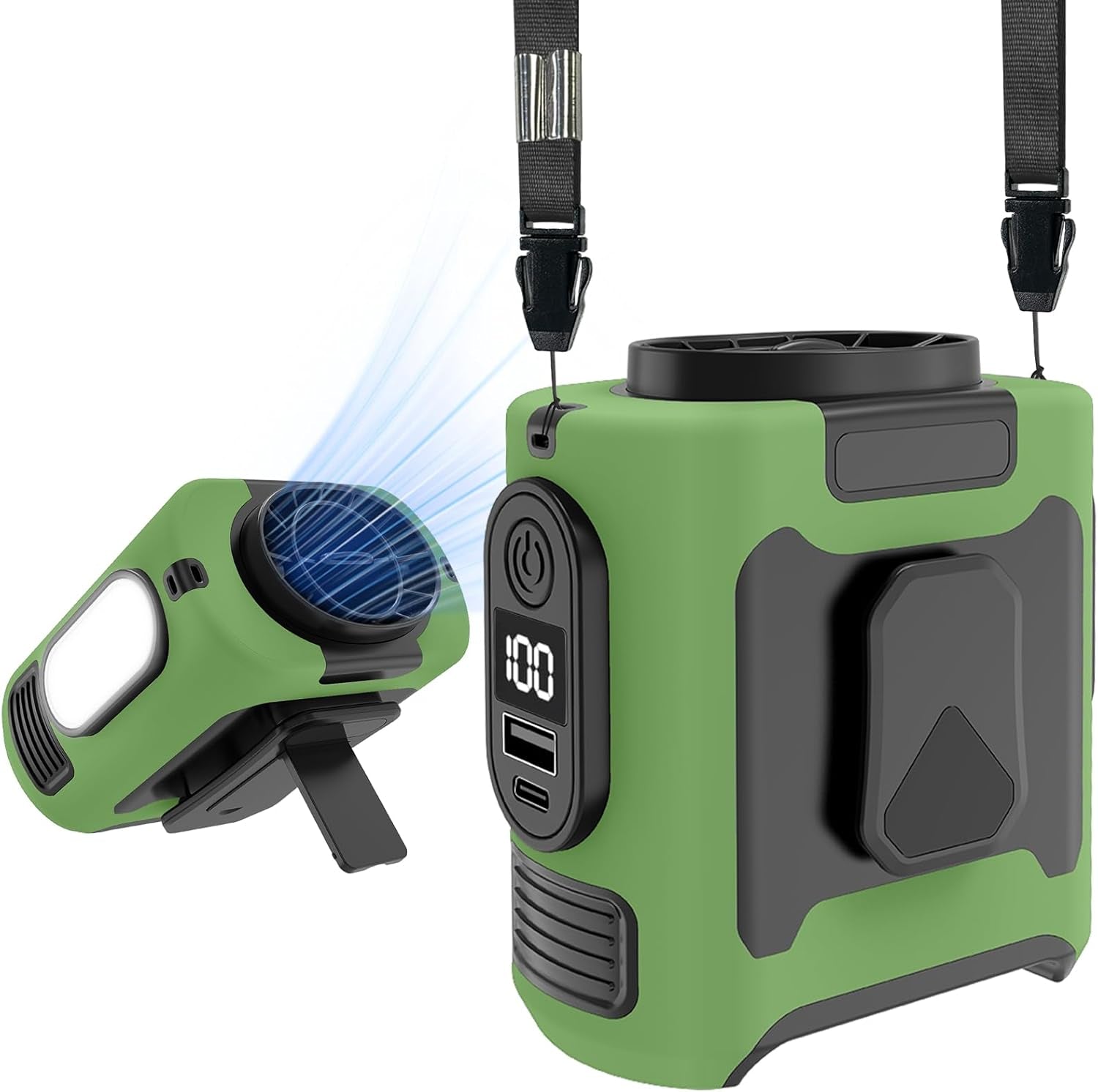 16, 000 Rpm 10000Mah Portable Waist Fan, Clamp on Wearable Belt Personal Fan, Rechargeable Battery Powered, with 5 Speed Levels and Flashlight, Suitable for Outdoor Camping and Travel Army Green