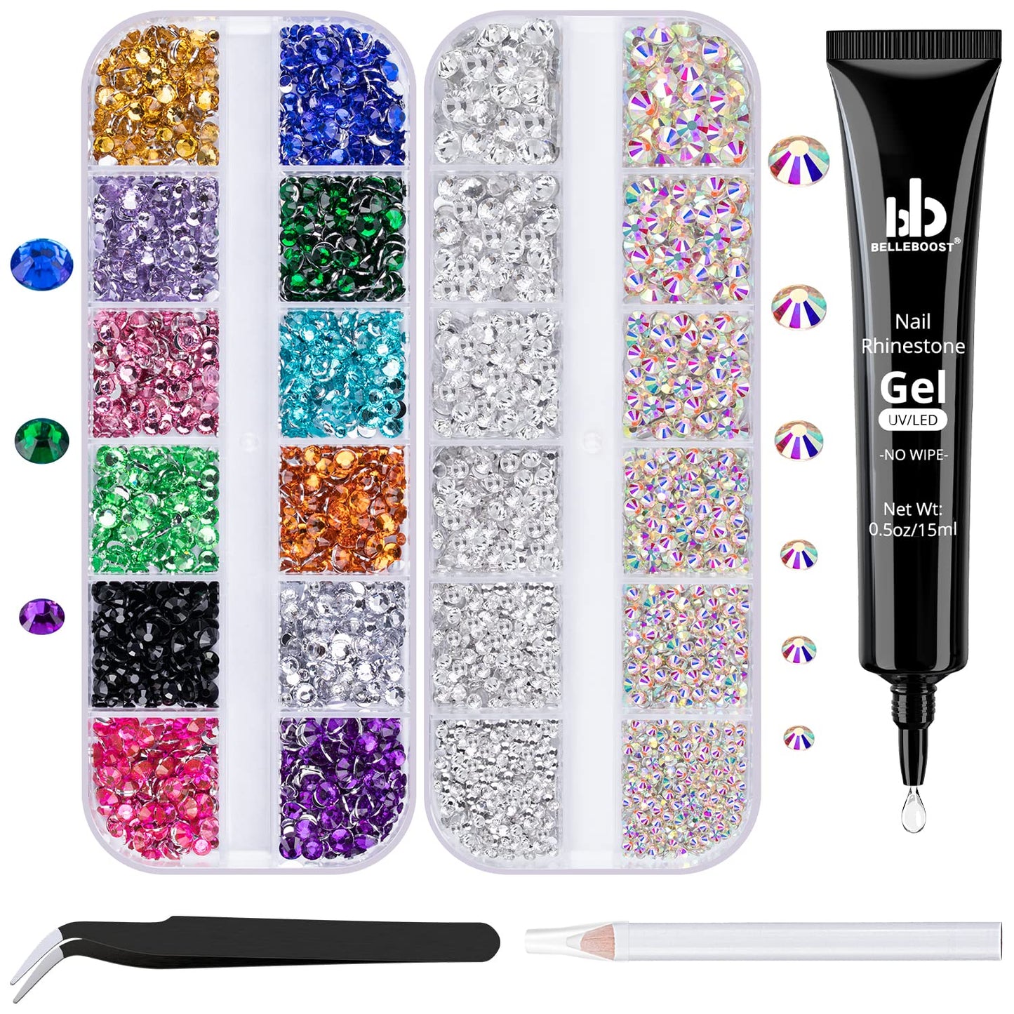 Nail Art Rhinestone Kit, 15Ml Rhinestone Gel Glue+Colorful Gems+Flatback Glass Crystal Ab&Clear Gemstones with Pickup Tools for Bedazzling Nail and Face Makeup