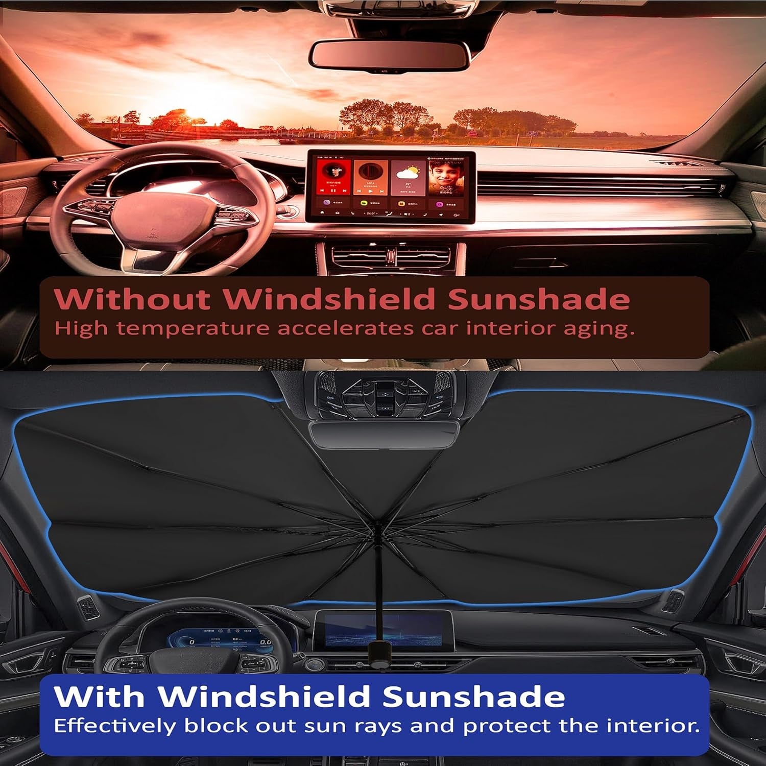 Windshield Sun Shade Foldable Umbrella, Sun Shade for Car Windshield, Car Window Shades [Silver Heat Shield - UV Reflective] Universal Fit Medium (56"X31")