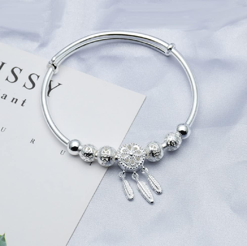 Simple 925 Silver Beads Bangle Bracelet Transfer Feathers Pendant Lucky Beads Cuff Bangle Fashion Charms Feather Leaf Boho Layered Bracelets for Women
