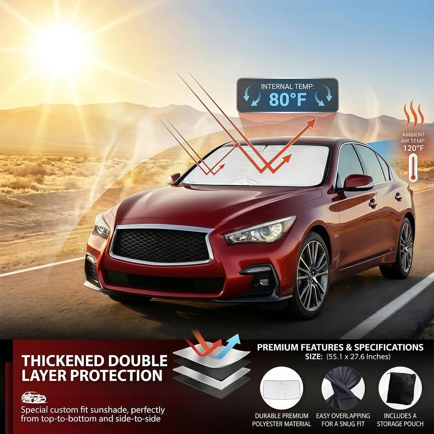 Windshield Sun Shade, Foldable Car Sunshade for Easy Storage, Universal Sun Protector for Cars, Suvs, Trucks – Blocks Glare, Reduces Heat, Keeps Interior Cooler