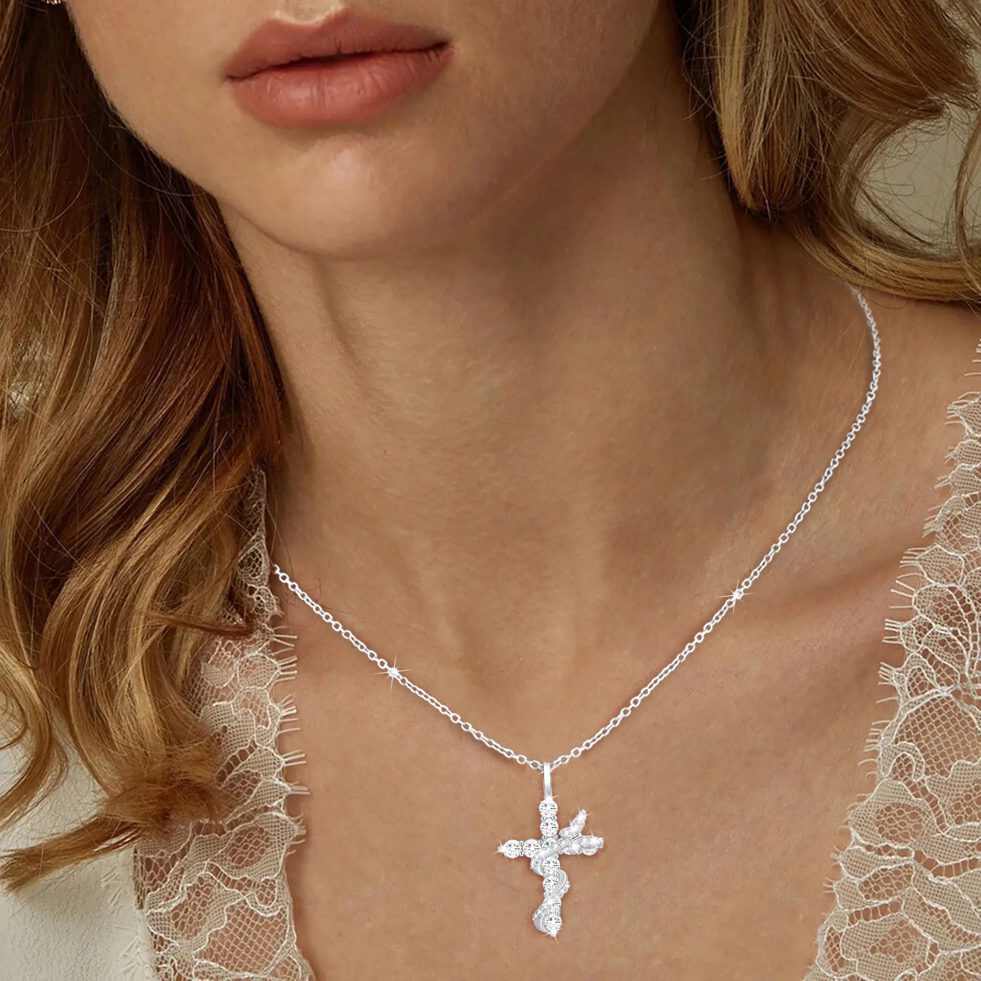 APSVO S925 Sterling Silver Plated Butterfly Cross Necklaces for Women Girls April Birthstone Necklace with Crystal Birthday First Communion Graduation Mothers Day Jewelry Gifts Teen Her Mom Kids