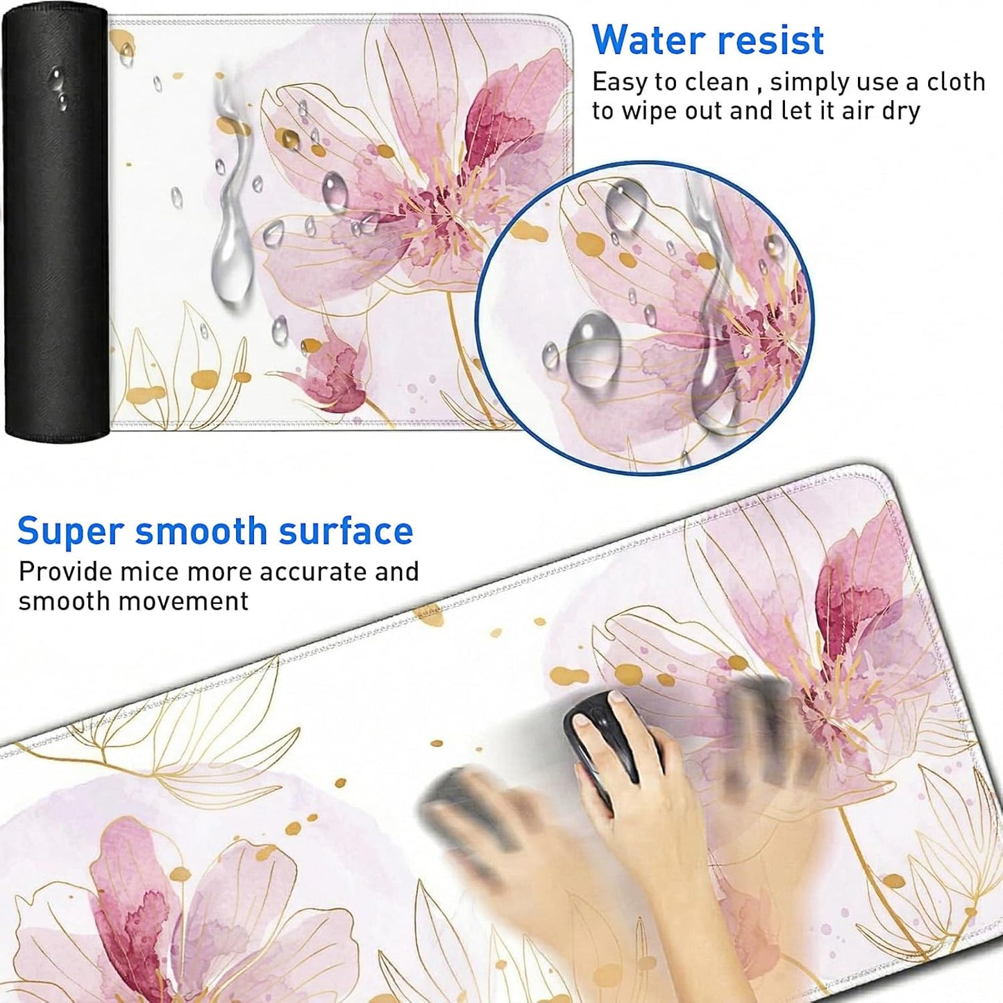 Large Desk Mat Floral Mouse Pad, XXL Non-Slip Waterproof Keyboard Mat with Stitched Edges, Full Desk Protector for Women Office Home Laptop (Pink)