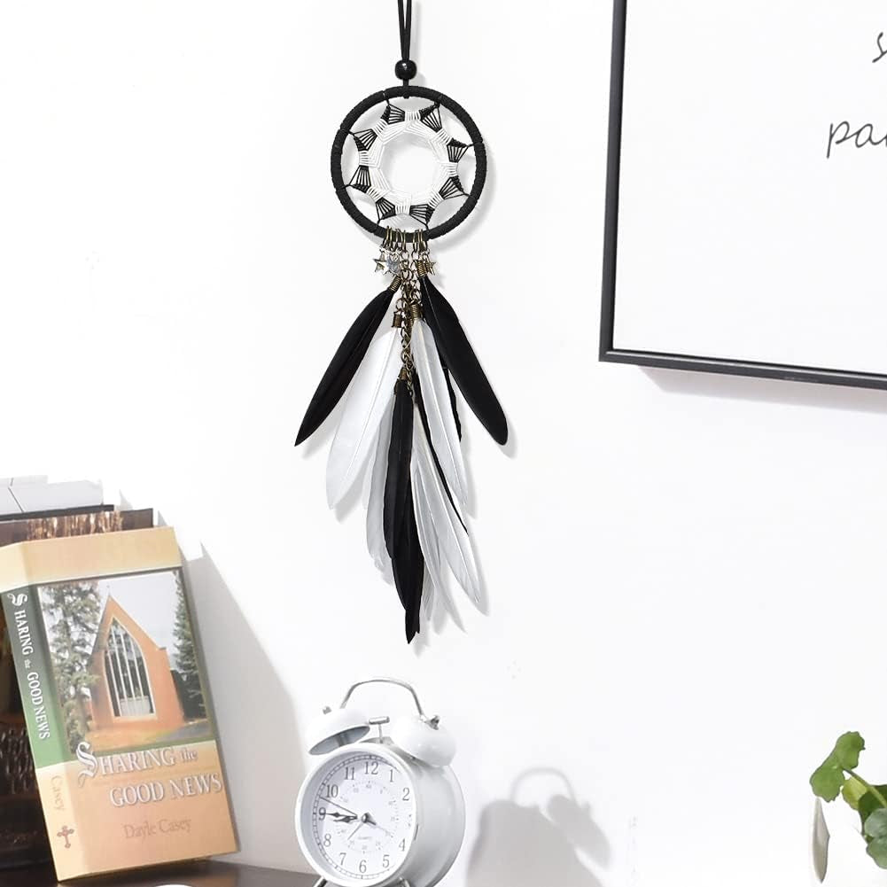 Dream Catcher Car Interior Rearview Mirror Hanging Decor Handmade Grids Nature Feather Small Boho Car Charms Pendant Accessories (Black and White)
