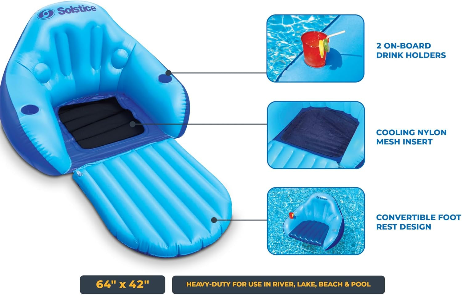 SOLSTICE Inflatable Pool Lounger Float for Relaxation – Raft for Group Pool, Beach & Lake Use, Solo Chair with Convertible Leg Rest, Blue